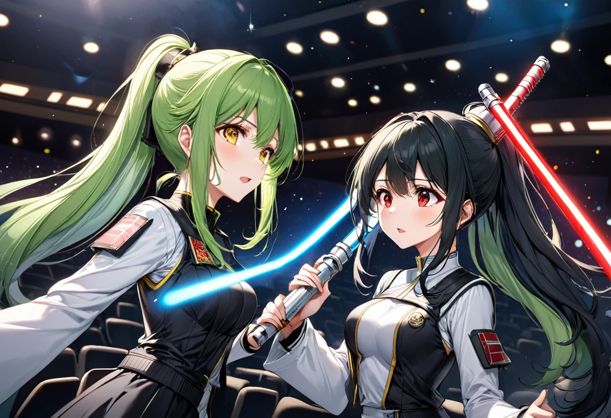 (Fighting with lightsabers style), (two girls hand holding a lightssabers), (a ponytail green hair long hair medium tits cute yellow eyes girl), and, (a straight black hair long hair big tits sadist red eyes girl), break, in the Legend of the Galactic Heroes onto movie theatre, BREAK, perfect anatomy, masterpiece, best quality, 16k, beautiful detailed Cinema Screen, daydreaming expression.