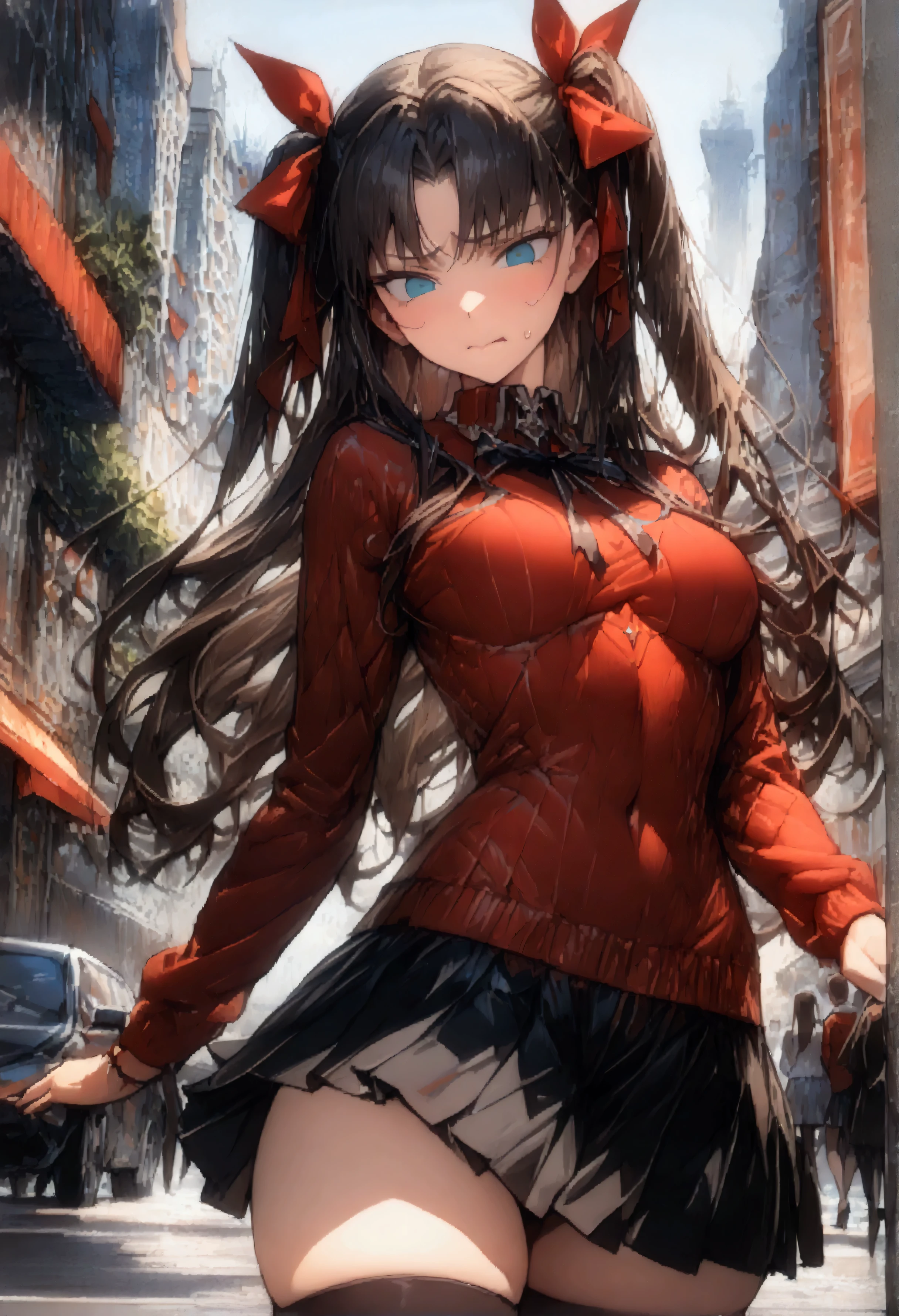 ((absurdres)), (((best Quality))), ((ultra detailed)), ((illustration)), full resolution, hdr, 5k, (Masterpiece, Best quality:1.4), (Beautiful, Aesthetic, Perfect, Intricate:1.2), (ultra resolution:1.2), (ultra detailed), 1girl, rin tohsaka, aqua eyes, black hair, hair ribbon, long hair, ribbon, sidelocks, two side up, parted bangs, black skirt, black thigh highs, long sleeves, miniskirt, pleated skirt, red sweater, turtleneck, (((disgusted face))), (looking down at camera), in a city, buildings, sidewalk