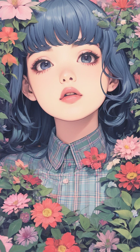 (masterpiece、top-quality)、1girl in、Collared shirt、skirt by the、Wavy Longhair、asymmetrical bangs、waving at viewer、face perfect、Beautiful face、A charming、big gorgeous eyes、Soft smile、perfect slim fit body、Luxurious flowers、Lots of Casablanca、bright colour