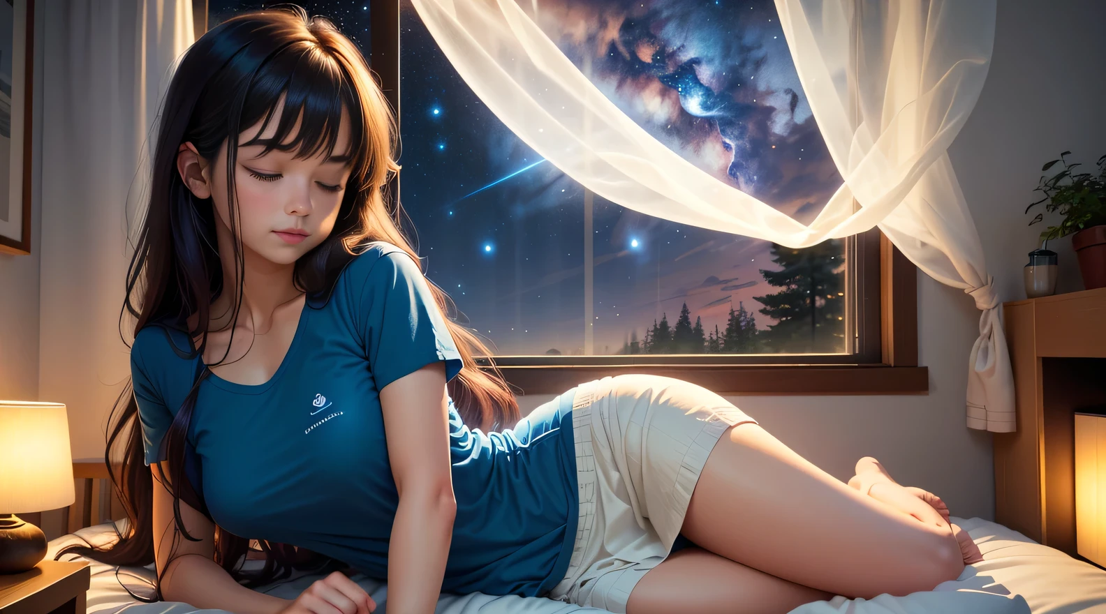 Imagine um suave, comforting illustration of a cute girl was sleeping in a comfortable bed, eyes locked, blue T-shirt. Long flowing hair. dark bedroom, except for the soft light emanating from a bedside lamp near the bed, That casts a warm glow on your peaceful face. Through the half-open window, The starry night stretches, fullmoon, creating a magical contrast between the peaceful interior and the mysterious outside world. Light curtains move slightly in the night breeze, adding a touch of movement to this tranquil scene.