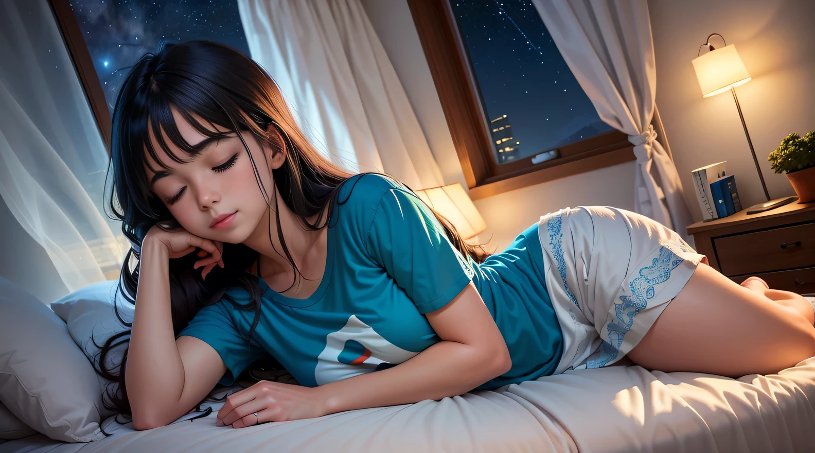 Imagine um suave, comforting illustration of a cute girl was sleeping in a comfortable bed, eyes locked, blue T-shirt. Long flowing hair. dark bedroom, except for the soft light emanating from a bedside lamp near the bed, That casts a warm glow on your peaceful face. Through the half-open window, The starry night stretches, fullmoon, creating a magical contrast between the peaceful interior and the mysterious outside world. Light curtains move slightly in the night breeze, adding a touch of movement to this tranquil scene.