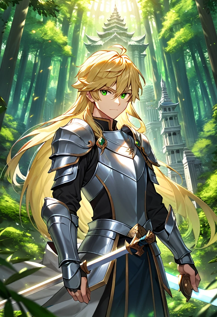 1 thirty years old man, knight, paladin, silver armor, long blond hair, two-handed sword, against the backdrop of a majestic temple, against the backdrop of the sun at its zenith, green Forest, looking at viewer, light, 8k, masterpiece, high res, ultrasharp.