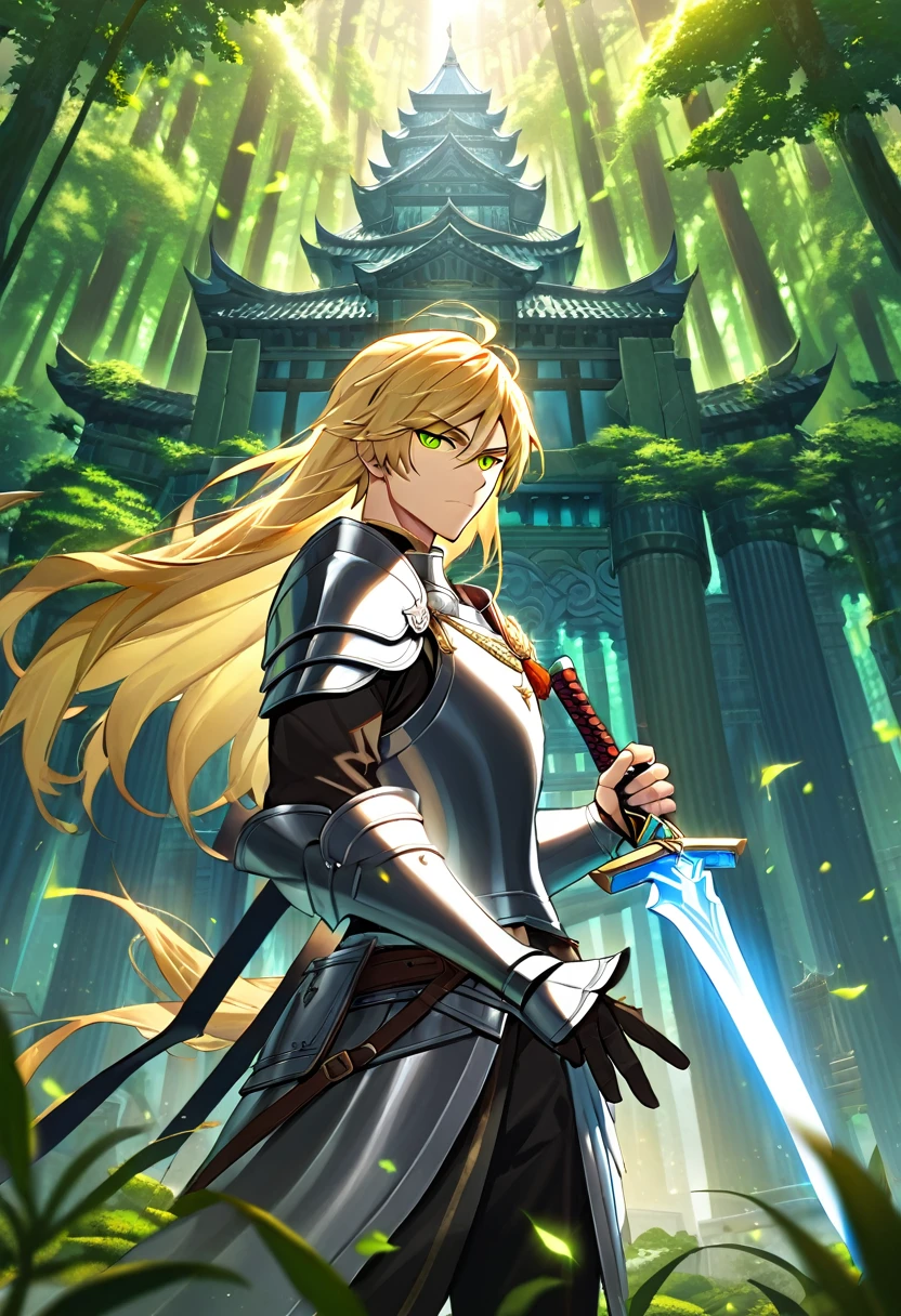 1 thirty years old man, knight, paladin, silver armor, long blond hair, two-handed sword, against the backdrop of a majestic temple, against the backdrop of the sun at its zenith, green Forest, looking at viewer, light, 8k, masterpiece, high res, ultrasharp.