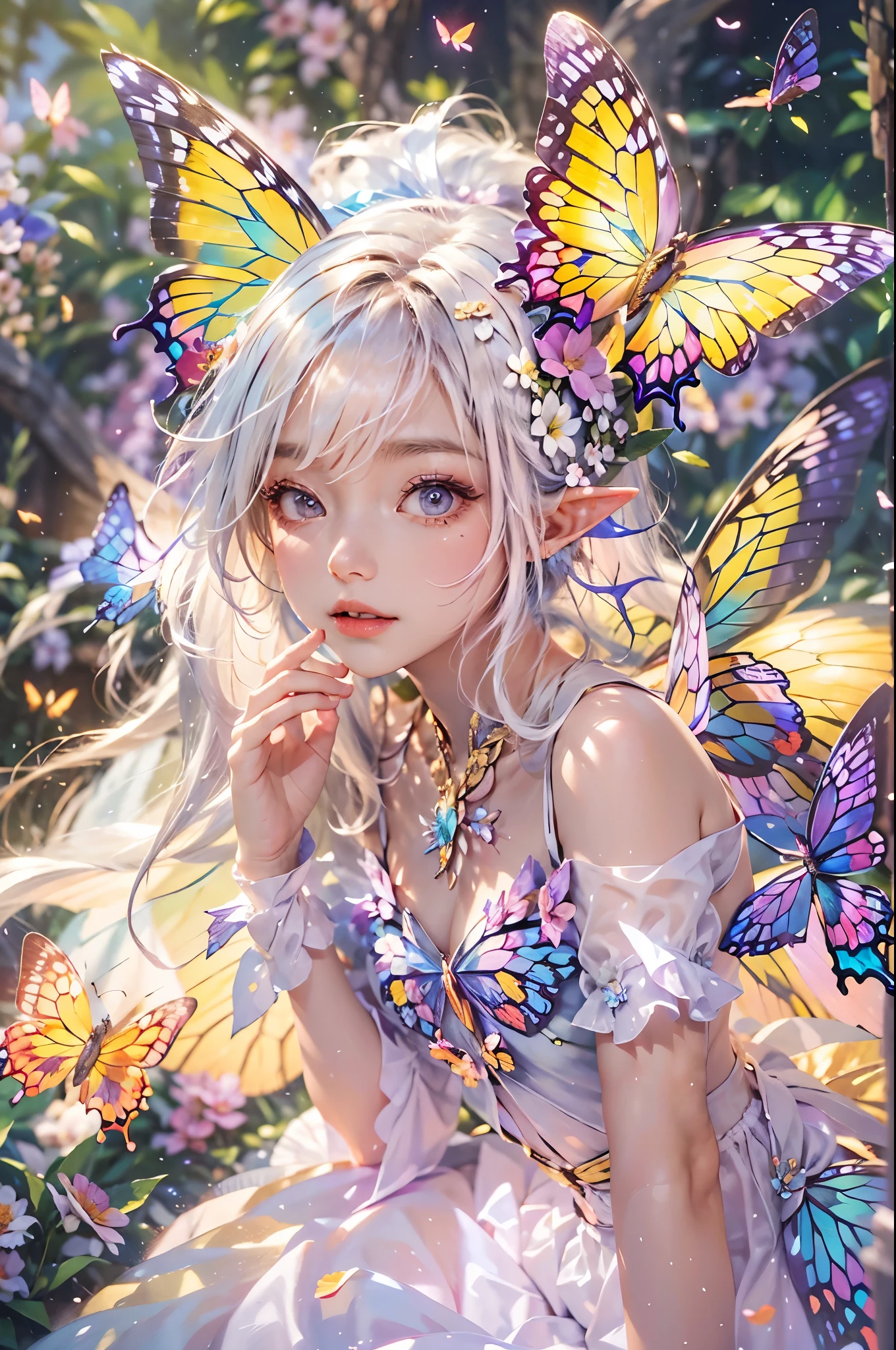 best quality,masterpiece,16k,1girl,Butterflies on the Head,Butterfly on shoulder, antennae,Butterfly in hand, blonde hair, blue butterfly, blue flower, blue wings, blurry, blurry background, blurry foreground, butterfly, butterfly hair ornament, butterfly on hand, butterfly wings, daisy, depth of field, earrings, fairy, fairy wings, flock, flower, flying, garden, glowing, glowing butterfly, glowing wings, hair ornament, ice wings, insect wings, lily \(flower\), lotus, motion blur, multicolored wings, nose, on head, on shoulder, pink flower, pink wings, pointy ears, purple flower, short hair, solo, stud earrings, upper body, vaporeon, white butterfly, white flower, wings, yellow butterfly, yellow flower, yellow wings,Dawn Elf,dawn,glow,Glowing wings,Dress,Multiple butterflies,Glowing Butterfly