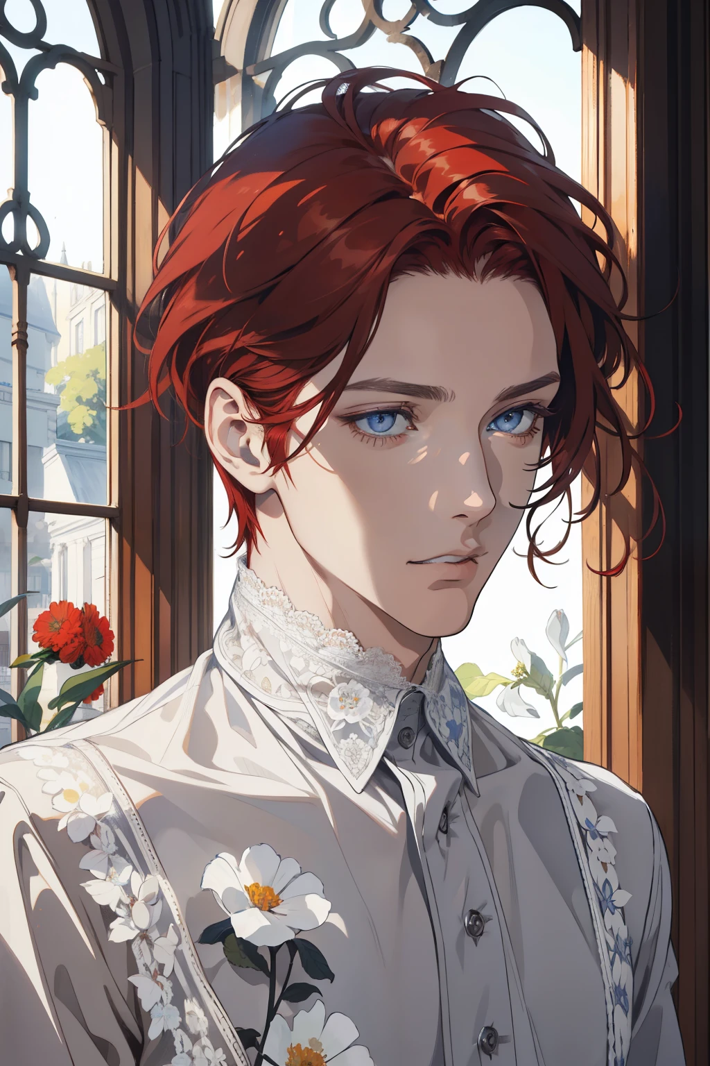 1 man, Realistic, master-piece, bestquality, Beautiful, detailed eyes and detailed faces.,natural light, European retro, White shirt, lace, Long dark grey red hair, blue grey eyes, attractive, depressed, Decorative flowers, sunbeam, 31 years.