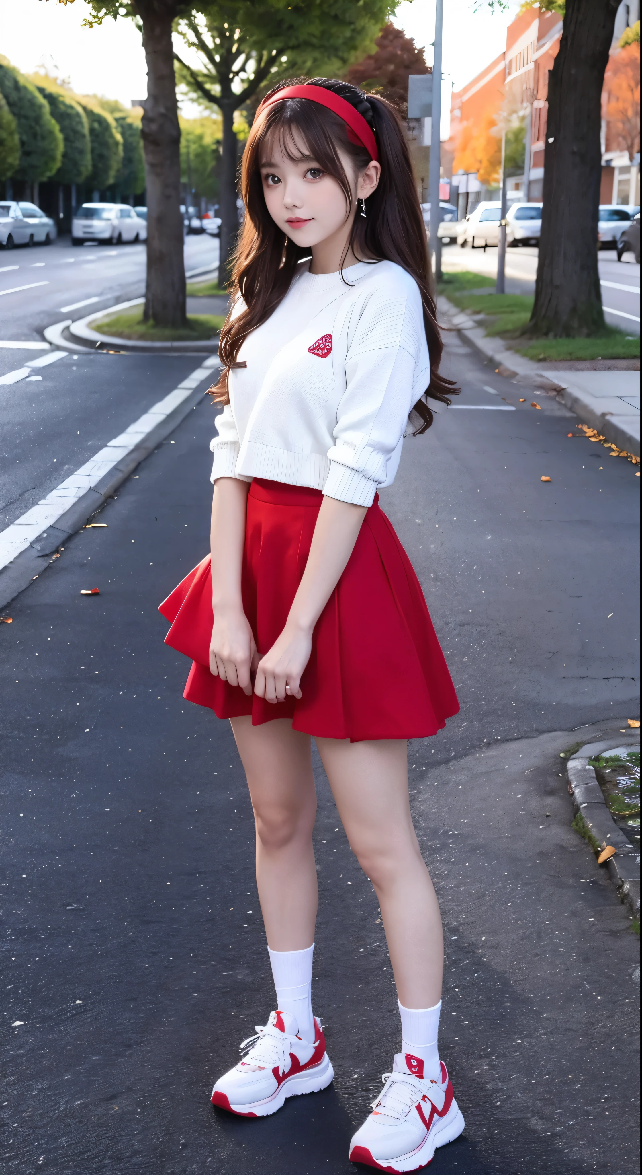 masterpiece, best quality, genny, hairband, red sweater, frilly white skirt, sneakers, standing, looking at viewer 