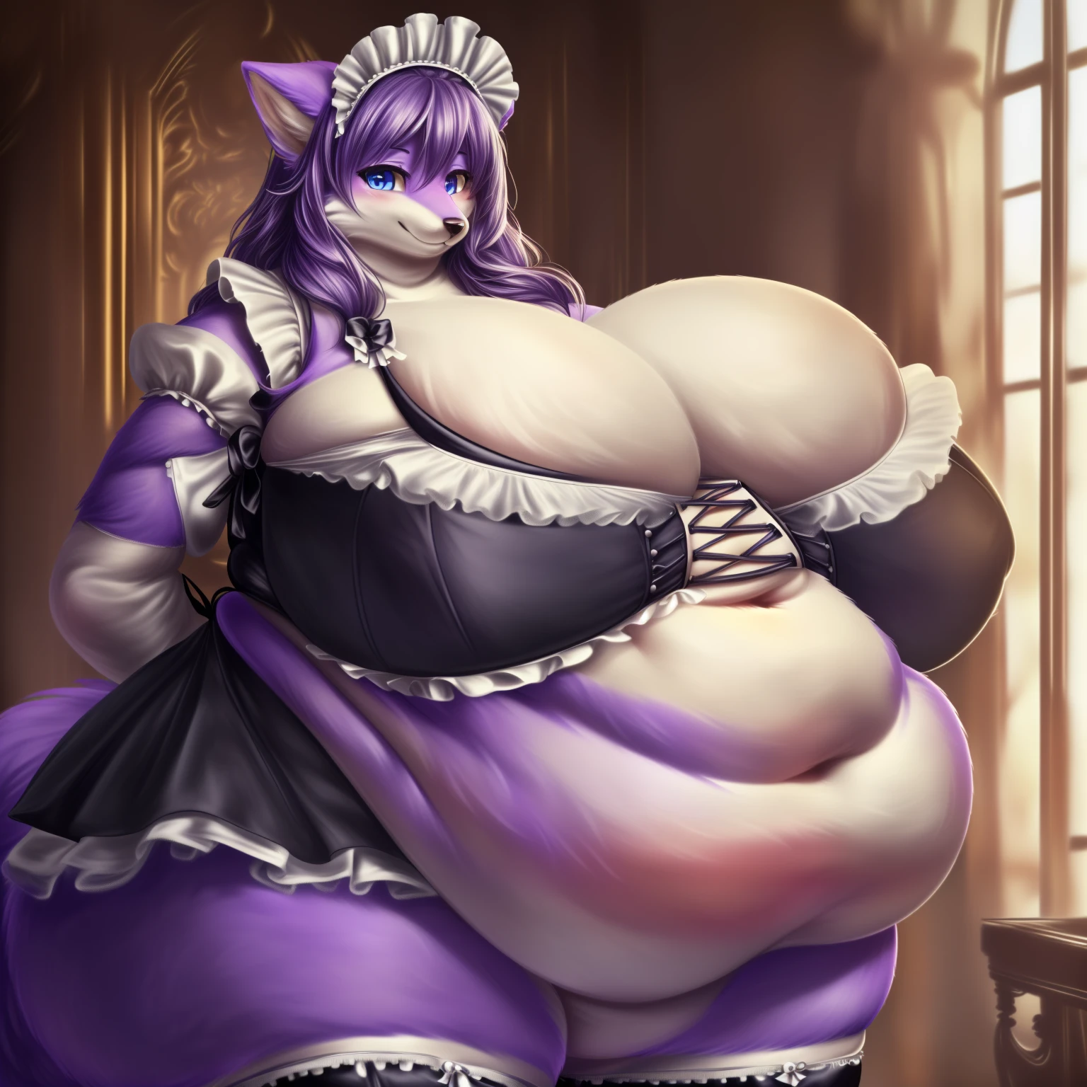 (8K, Masterpiece, high resolution, super fine illustration:1.3), (mature, calm, tender:1.35), fluffy, deep blue eyes, perfect anatomy, detailed background, (solo, violet fur, long hair, 1 female wolf kemono:1.5), at European style café, (Victorian maid clothing, very short skirt:1.75), (too small tops for breasts, very undersized tops, very tight tops:1.75), (tall:1.25), (huge breasts, cleavage:2.35), (soft breasts), (thicc:1.75), (navel visible, plump, fat, pudgy, chubby:2.1), (muffintop, lovehandle:1.75), (thicc, thick thighs, huge ass:1.85), (faint smile:1.65), (hands on fat tummy:1.75), (big fat belly:1.55)