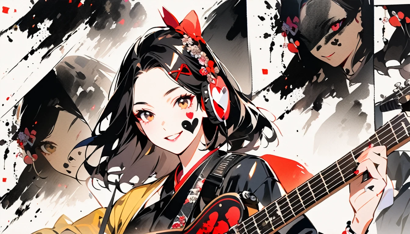 Fashion portrait color photos, (((Ink Painting))), (((1 girl))), (((Heart tattoo on face))), (((Gorgeous hair accessories))), Japanese style headphones, (((guitar bass))), Japanese Beauty, Black Hair, smile