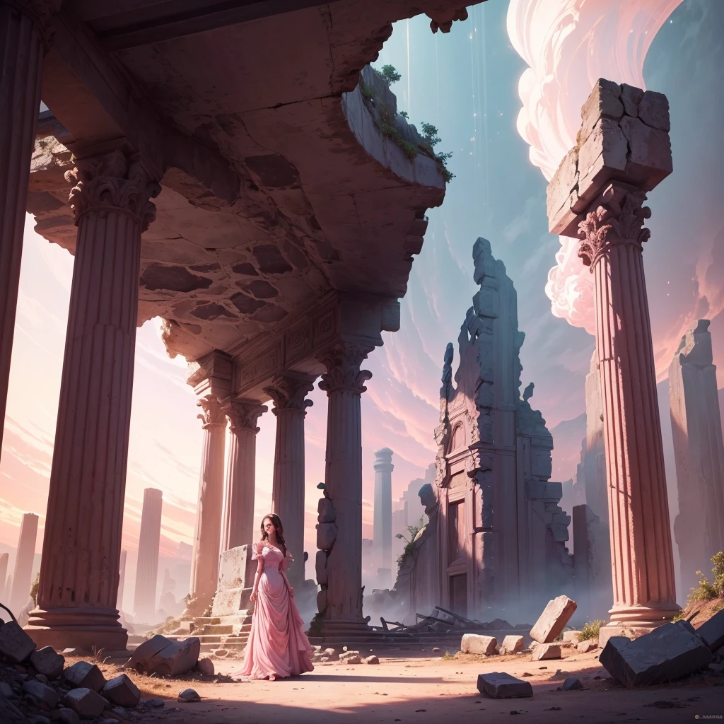 Imagine an animation set in a landscape of ancient ruins composed of pink minerals. At the heart of this surreal landscape stands a beautiful girl, dressed in a gown that appears to be made of swirling pink smoke, flowing and twisting around her like it has a life of its own. As the story unfolds, the mineral ruins reveal their mysteries, emitting faint glimmers of light that subtly illuminate the surroundings. The girl seems in harmony with the landscape, her enigmatic presence suggesting a deep and ancient connection between herself and the ruins.