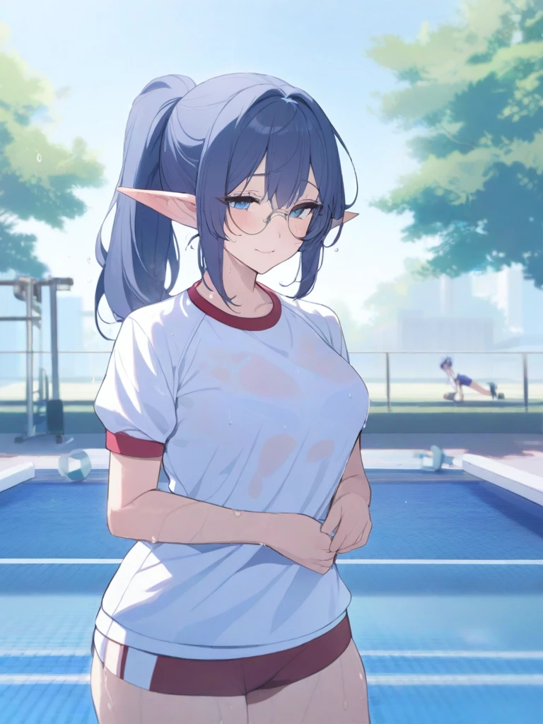 masterpiece, best quality, high quality, beautiful anime character, solo, anime girl with dark blue hair, messy hair, medium length hair, huge long ponytail, ponytail, blue eyes, elf ears, slightly big breasts, mature female, tall female, big girl, thick, (calming face, blush, light smile, loving eyes), outdoors, ((gym clothes)), standing, slim thick, short medium hair, short sleeves, round glasses, legs, wet, 