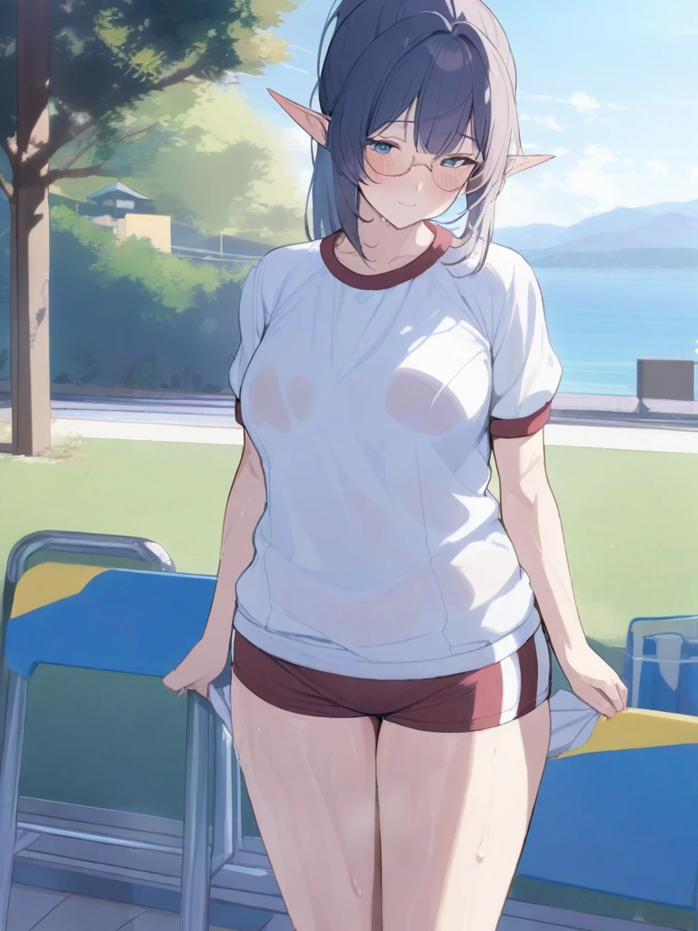masterpiece, best quality, high quality, beautiful anime character, solo, anime girl with dark blue hair, messy hair, medium length hair, huge long ponytail, ponytail, blue eyes, elf ears, slightly big breasts, mature female, tall female, big girl, thick, (calming face, blush, light smile, loving eyes), outdoors, ((gym clothes)), standing, slim thick, short medium hair, short sleeves, round glasses, legs, wet, 