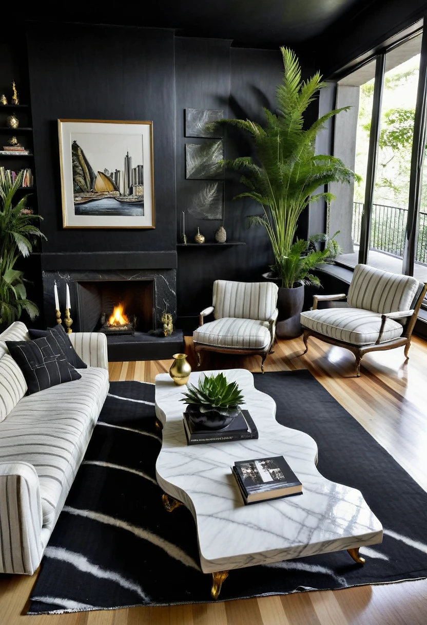 RAW photograph, Ultra Wide Angle, 16mm lens, whole room, contemporary living room with black walls, como Kelly Wearstler, very light wooden floor, large contemporary white linen armchair, huge black and white striped curved sofa, fireplace, large brutalist style console with minimalist vase with huge plant, pile of books, cubist sculptures in white marble, large windows , view of the city of Rio de Janeiro, Picasso paintings, Golden candlesticks, clear glass coffee table, ultra high nothing.photorrealistic::1.5, HDR, Ultra Realist, real photografic