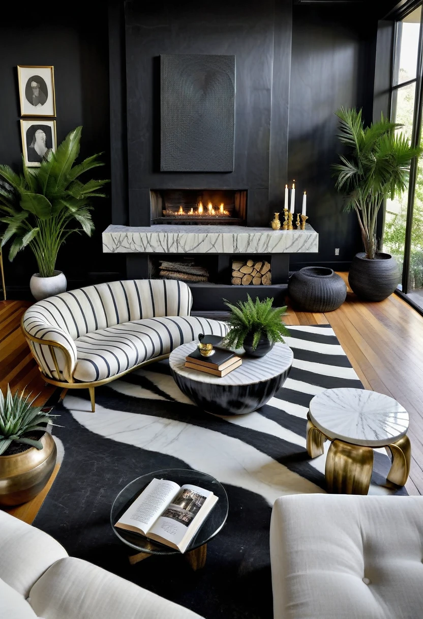 RAW photograph, Ultra Wide Angle, 16mm lens, whole room, contemporary living room with black walls, como Kelly Wearstler, very light wooden floor, large contemporary white linen armchair, huge black and white striped curved sofa, fireplace, large brutalist style console with minimalist vase with huge plant, pile of books, cubist sculptures in white marble, large windows , view of the city of Rio de Janeiro, Picasso paintings, Golden candlesticks, clear glass coffee table, ultra high nothing.photorrealistic::1.5, HDR, Ultra Realist, real photografic
