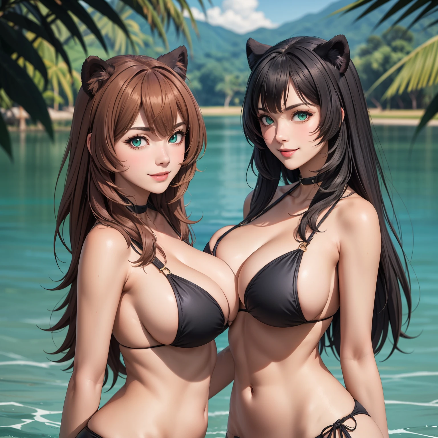 Raphtalia, 30 year old woman, asabache black hair, panther ears negra, panther ears, aqua green eyes, smile, big breasts,  black panther bikini, background a lake in the middle of the tropical jungle. black fur, pelo negro osccuro.