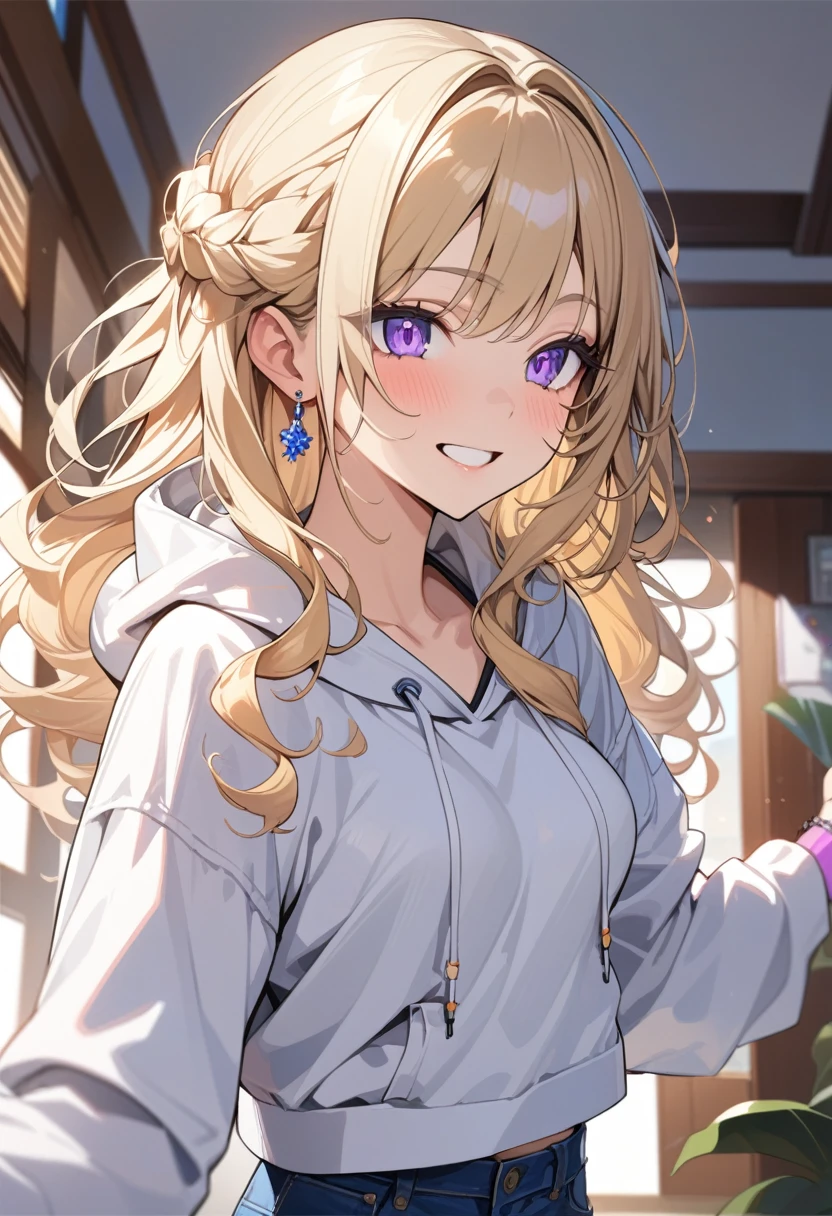 masterpiece, best quality, extremely detailed, ultra detailed, flat anime, 2D,
1girl, (young adult:1.2),blonde hair, (semi-long hair:1.2), curly hair, french braid, medium breasts, purple eyes, tsurime, height 1.7meters, 
white hooded sweatshirt, jeans,  earring,bracelet, long sleeves,socks,
open mouth,grin,
upper body, portrait, (dynamic:1.2),
summer, livingroom, 12AM., standing