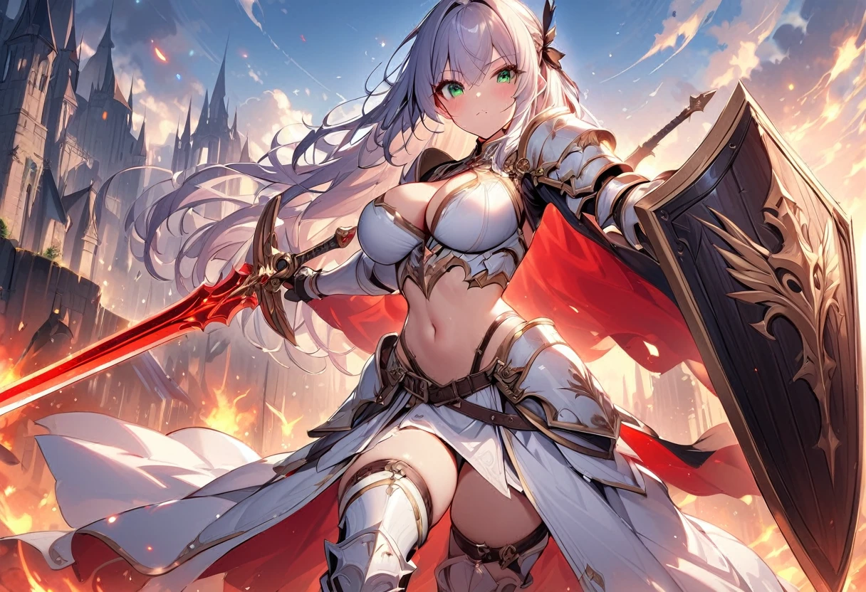 1girl, thighhighs, solo, white-hair, high-heels, short-hair, weapon, boots, gray-eyes, thigh-boots, breasts, corset, (golden cover), armor, gloves, open-mouth, headdress, white-thighhighs, skirt, looking-at-viewer, dress, jewelry, holding, braid, ((big breasts) 1:1), fingerless-gloves, lips, glowing, ((Dark-Skin)), ((golden-ornaments) 1:1) (((White-socks))), ((bangs-covering-one_eye)), thick thighs