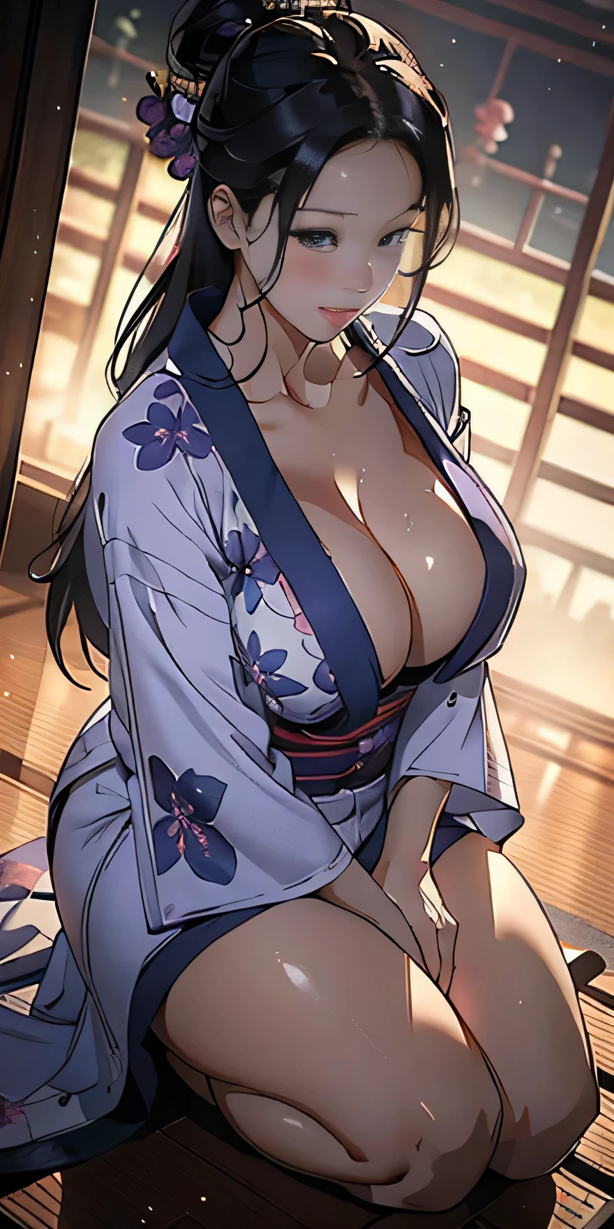 realistically、Full body contact looking up from below the ground、rear view、My thighs are also getting a little thicker、25 year old girl with accentuated thighs、Wearing a purple yukata、Breast augmentation and emphasis on cleavage、Versatile sensual poses、smile face、Japanese hot spring town Inakamachi、Emphasis on shading the chest contour