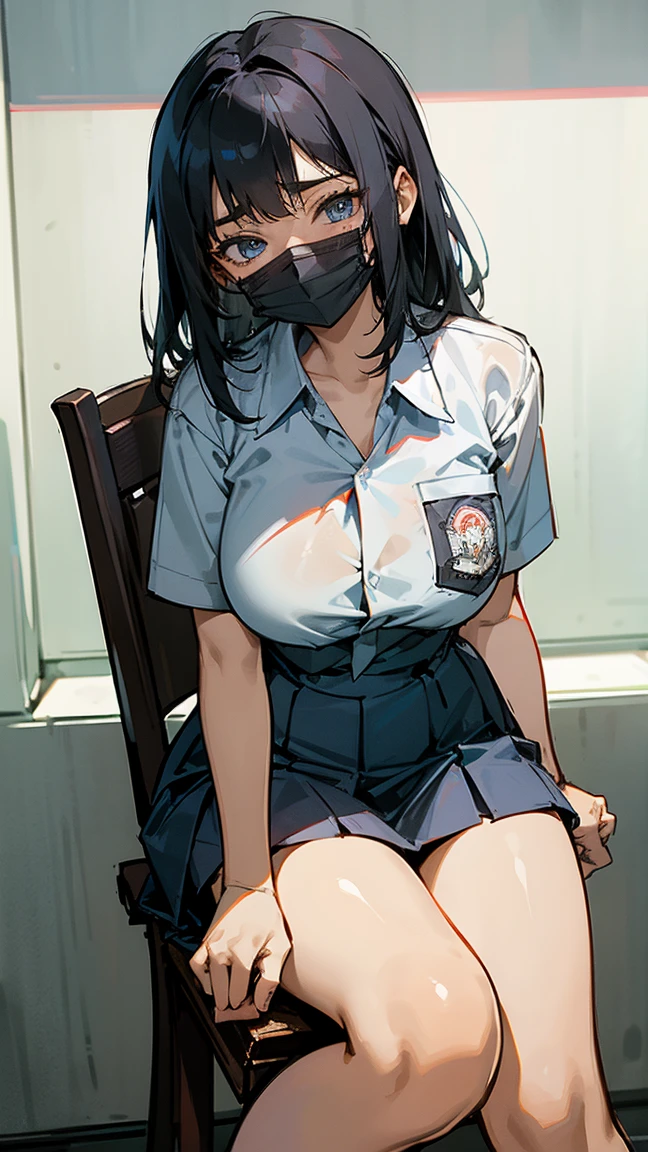 1 woman, 17 years old, (long haircut, black hair), scared face expression, plump body, blue eyes, Indonesian high-school uniform, (wearing transparent white shirt, showing bra), osis logo on shirt pocket, huge XL breasts, light-grey pleated skirt, sitting on a chair, seductive pose, full body shot, wear a mask, surgical mask fit his face, in the classroom,