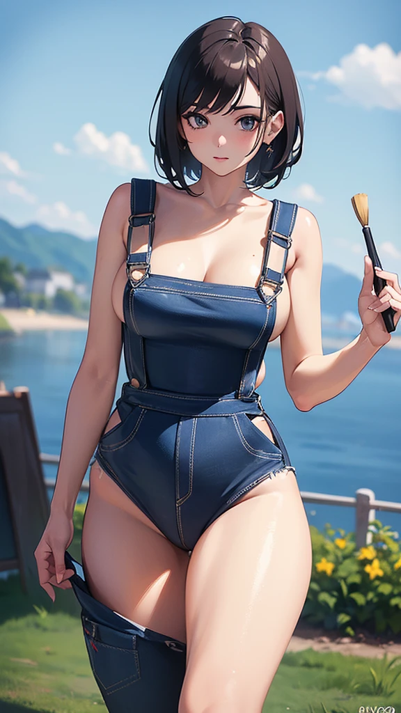 ((Best Quality, 8K, Masterpiece: 1.3))(ultra-detailed), 1girl, shiny skin, sharp, Perfect Body Beauty, realistic shaded perfect body,dynamic pose, "(overalls , naked :1.2)" ,big breasts , (brush:1.1) , (paint:1.1)