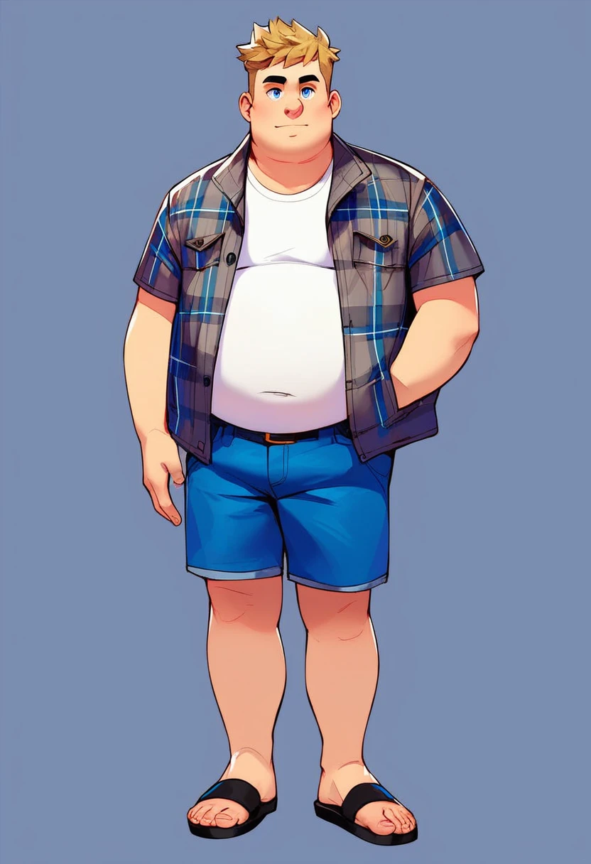 atso, 1boy, full body, solo, fat man, dirty blonde hair, blue eyes, black eyebrows, gray plaid jacket, black sandals, blue jean shorts, simple background, standing,