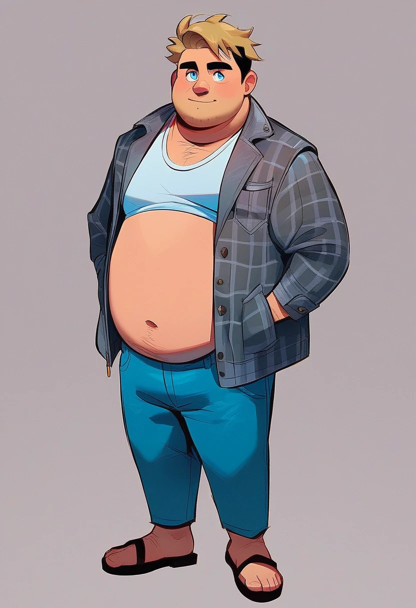 atso, 1boy, full body, solo, fat man, dirty blonde hair, blue eyes, black eyebrows, gray plaid jacket, black sandals, blue jean shorts, simple background, standing,