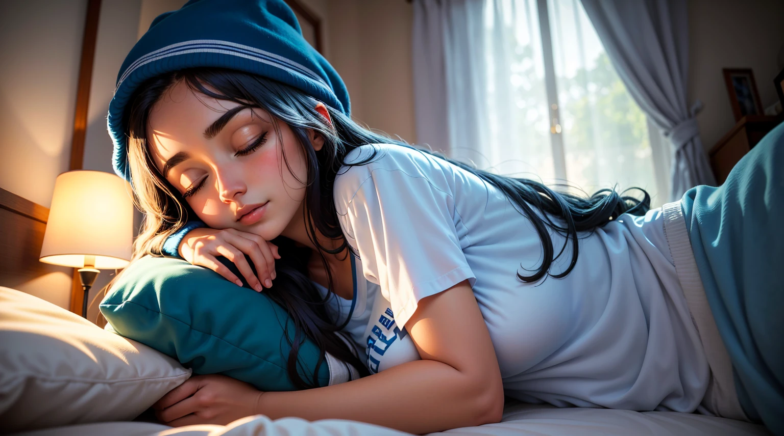 Imagine um suave, comforting illustration of a cute girl was sleeping in a comfortable bed, Olhos fechados, camiseta azul. long flowing hair. Quarto escuro, except for the soft light emanating from a bedside lamp near the bed, That casts a warm glow on your peaceful face. Pela janela entreaberta, A noite estrelada se estende, lua cheia, creating a magical contrast between the peaceful interior and the mysterious outside world. As cortinas de luz movem-se ligeiramente com a brisa noturna, adicionando um toque de movimento a esta cena tranquila.