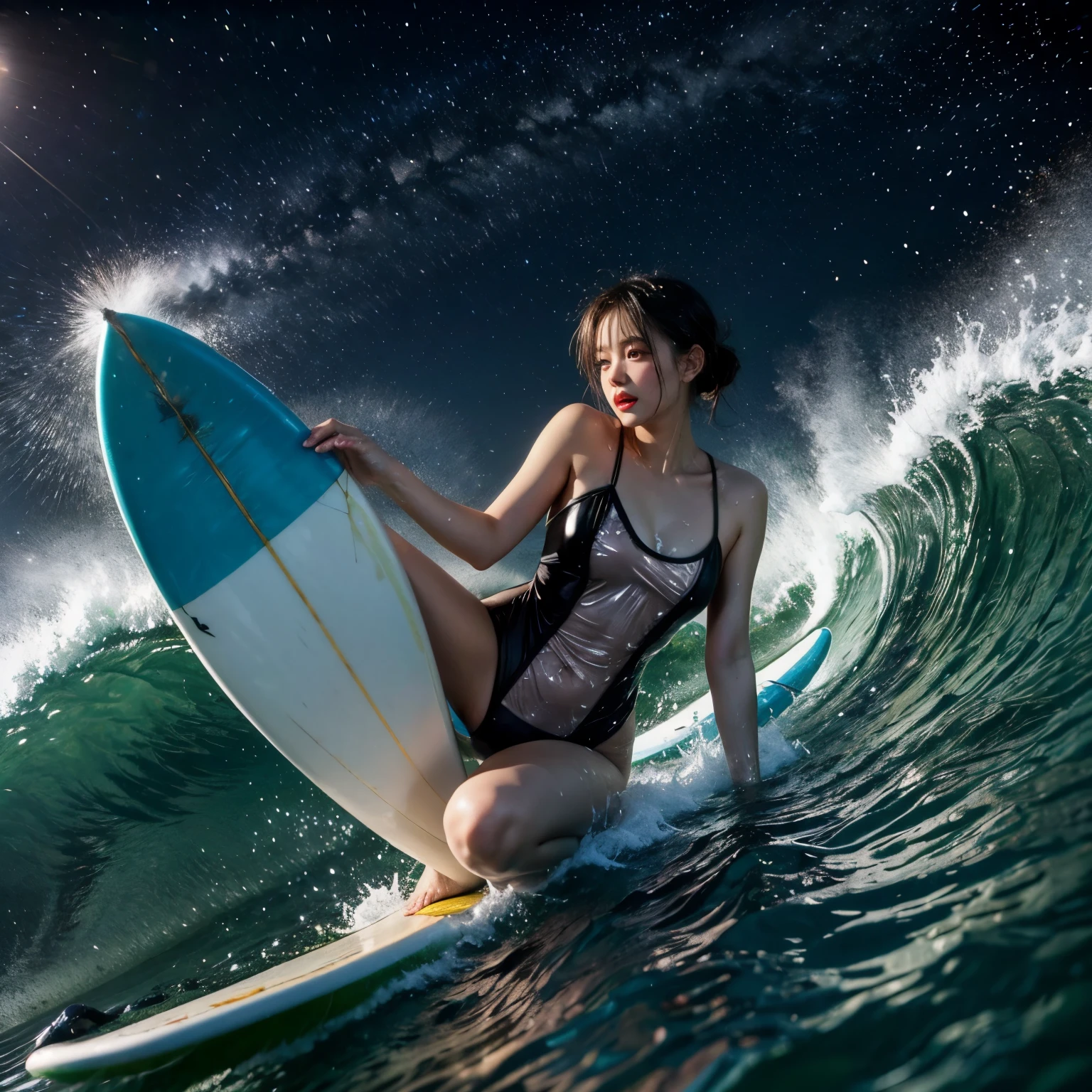 (ZoomedOut:1.28, Wide-shot) ZoomLayer (Epic photo of surfer magazine:1.37). (Full of Water, Everything Wetted:1.4) WetHair (extremely detailed Cute Girl in RED)(SparklingHighlights:1.28), Dynamic Joyful Expressions LifeLike Rendering (ManoErina:1.0) . Overflowing Gigantic Sideboob (Clearly Visible Beautiful Breast to Buttocks Line) Tiny and Roundly Butt, Detailed wet clothing texture, see-through leotard with Full laced up sides, (Sloppy Surfboard:-1.2) Riding on waves, Sparkling water, TyndallEffect(Starry Water Particles:1.32), Whole Body proportions and all limbs are anatomically accurate