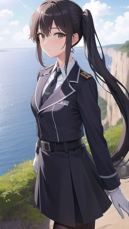 ((masterpiece)),(best quality),official art,extremely detailed CG,unity 8k wallpaper,ultra detailed,A lighthouse on a cliff by the sea,1girl,solo,cowboy shot,nachi (kantai collection),black belt,collar,black hair,black neckwear,black skirt,purple jacket,brown eyes,high heel boots,absurdly long hair,long sleeves,looking at viewer,medium breasts,pencil_skirt,white pantyhose,side ponytail,military uniform,white gloves,