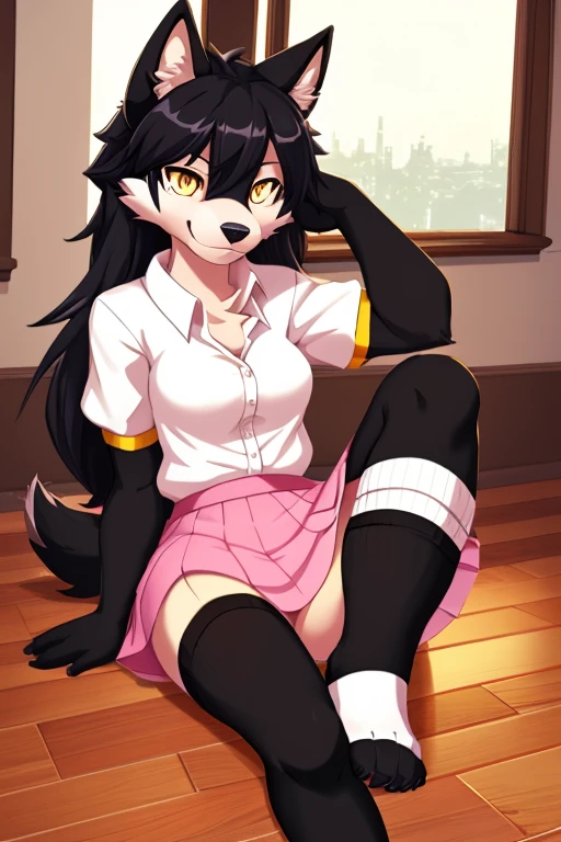 Adorable anthropomorphic girl wolf with black fur, yellow eyes, dressed in a white shirt and pink skirt, long socks, she is sitting on the floor of her house.