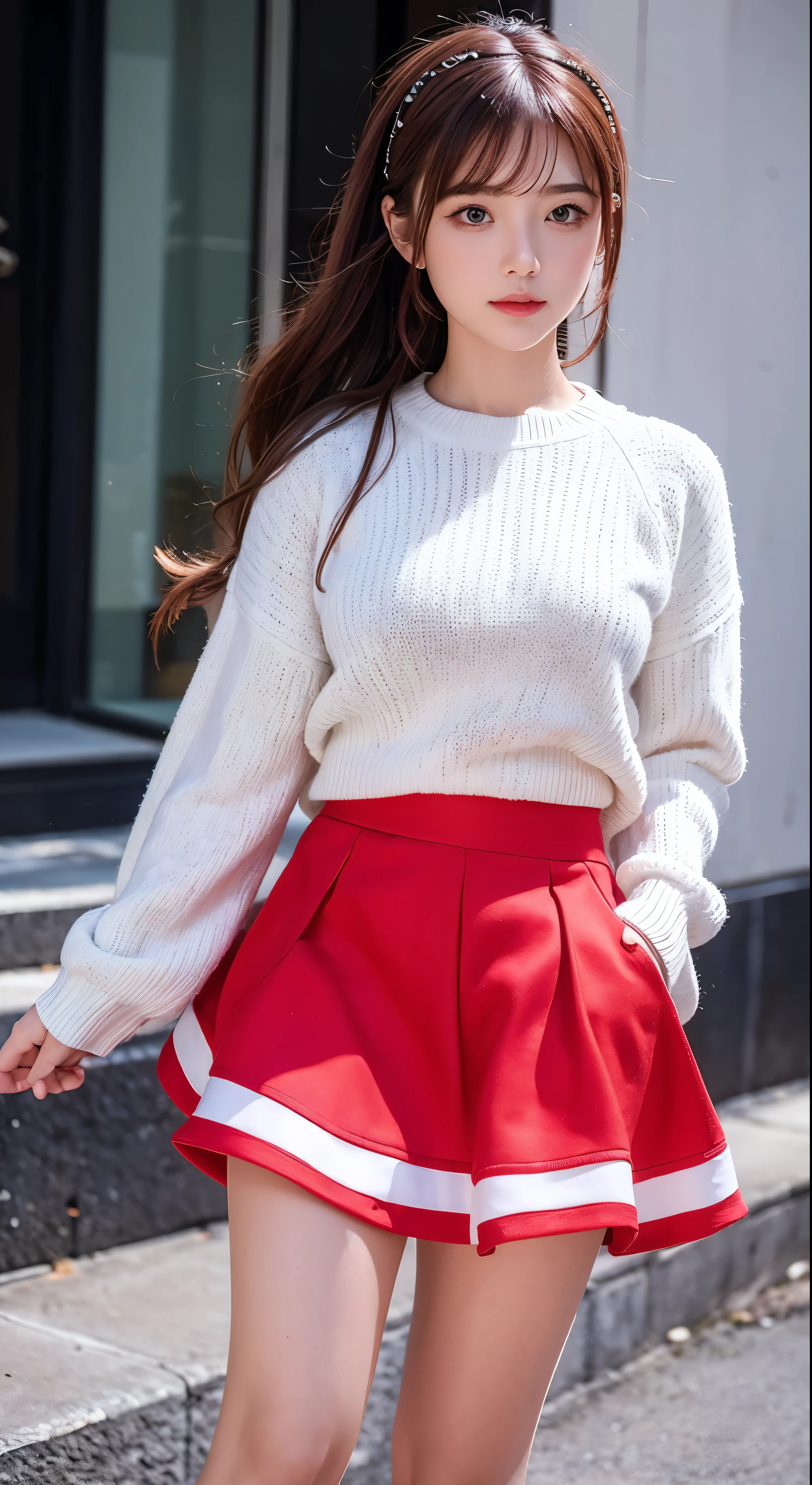 masterpiece, Highest quality, genny, hair band, White sweater, Red Skirt, sneakers, Are standing, Watching the viewer