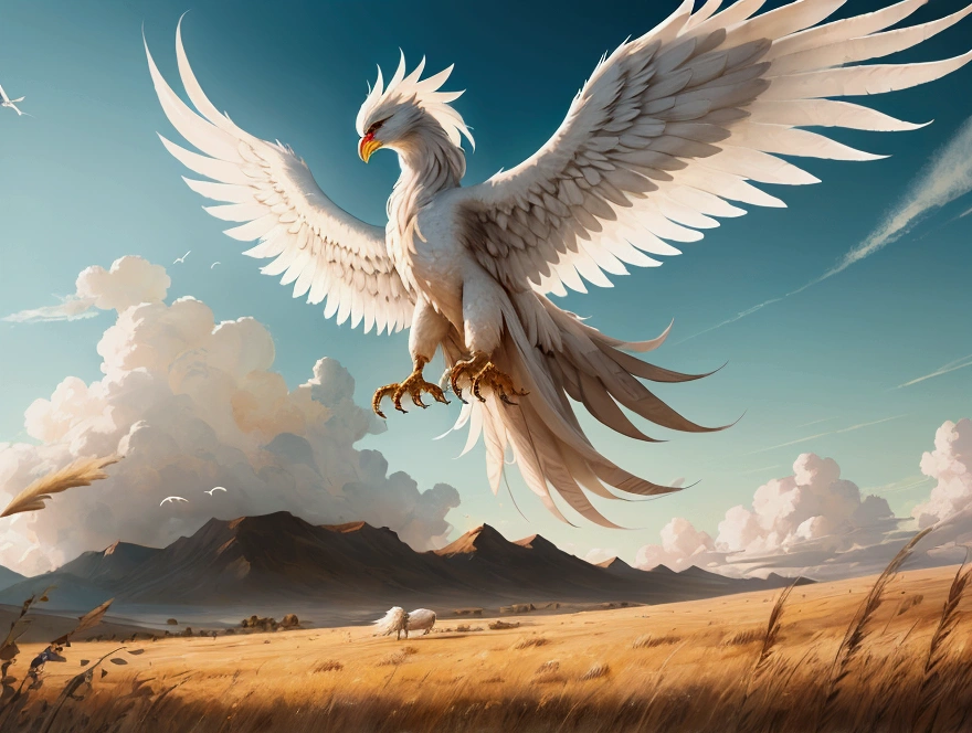 a big landscape with grasses and a very big white phoenix flying on the sky.