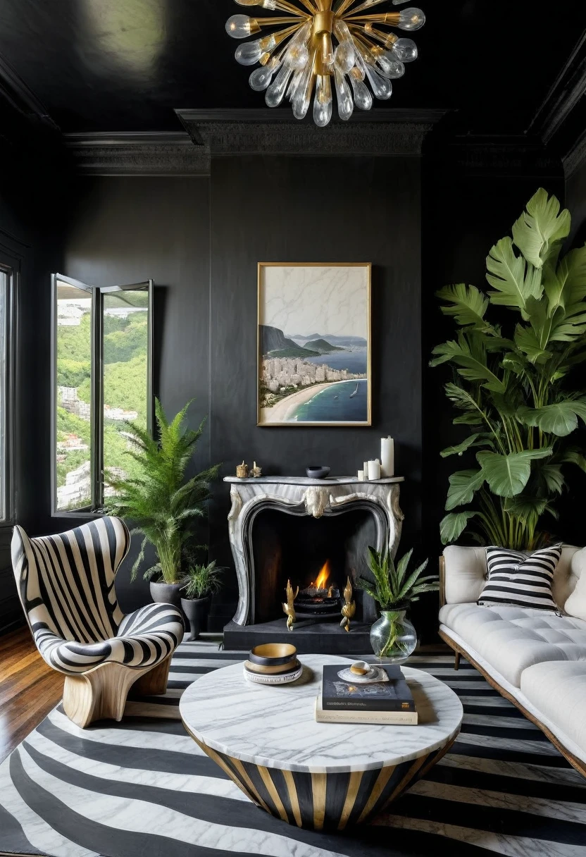RAW photograph, Ultra Wide Angle, 16mm lens, whole room, contemporary living room with black walls, como Kelly Wearstler, very light wooden floor, large contemporary white linen armchair, huge black and white striped curved sofa, fireplace, large brutalist style console with minimalist vase with huge plant, pile of books, cubist sculptures in white marble, large windows , view of the city of Rio de Janeiro, Picasso paintings, Golden candlesticks, clear glass coffee table, ultra high nothing.photorrealistic::1.5, HDR, Ultra Realist, real photografic