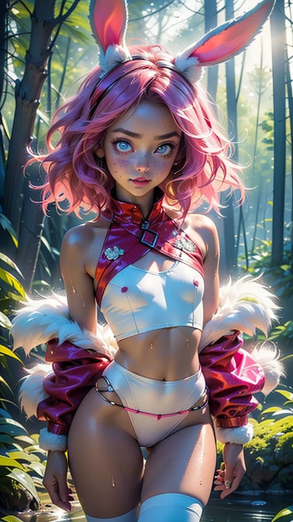cute little bunny ,(((little ,small tiny body,, chibi))),((())),((little bunny with extremely cute and beautiful fuchsia hair)),(((bunny girl,anthro furry cute,bunny-girl))),(((bunny ears,bunny ears on head,big bunny ears))),
(((flat chest))),(((fuchsia hair:1.35,short fuchsia hair,colored inner hair,ear breathing,))),((heterochromia:1.5, (pink_eye and red_eye))),intricate eyes,beautiful detailed eyes,symmetrical eyes,big eyes:1.5,(((freckles on the face,freckles,freckled girl))),(((lustrous skin:1.5,bright skin: 1.5,skin tanned,shiny skin,very shiny skin,shiny body,plastic glitter skin,exaggerated shiny skin,illuminated skin,wet legs))),(detailed body,(detailed face)),
cute,slutty,erotic,(((nsfw))),
zettai ryouiki,revealing clothing,show skin,((fur shirt,neon colored shirt,fur mini-skirt,visible thong straps)),((underpants strap)),(wearing a fur outfit:1.3,fur clothes,semi-naked,with little fur clothing),((wet clothes,intricate outfit,intricate clothes)),
(dynamic pose:1.0),solo focus,embarrassed,(centered,scale to fit dimensions,Rule of thirds),
((pine forest)),scenery:1.25,((intricate scenery)),((forest background)),
(Glossy pastel ornaments),highres,sharp focus,(ultra detailed,extremely detailed),(photorealistic artwork:1.37),(extremely detailed CG unity 8k wallpaper),(((vibrant colors,vibrant theme))),(intricate),(masterpiece),(best quality),artistic photography,(photography taken by sldr),(intricate background),perfect rendered face,perfect face details,realistic face,photo realistic,((intricate detail)),(((realism))),