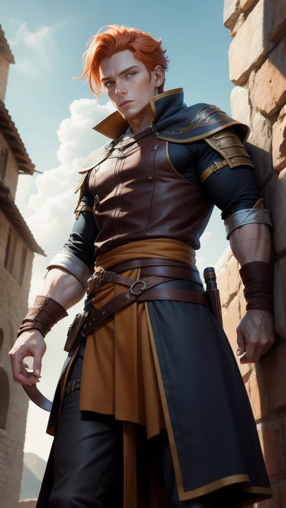 medieval fantasy, assassin, 24 years old yound man, ginger hair, fair skin, (freckles), (kolito), sharp and observant amber eyes, lean athletic build, simple practical clothing in muted colors, multiple pockets, thief