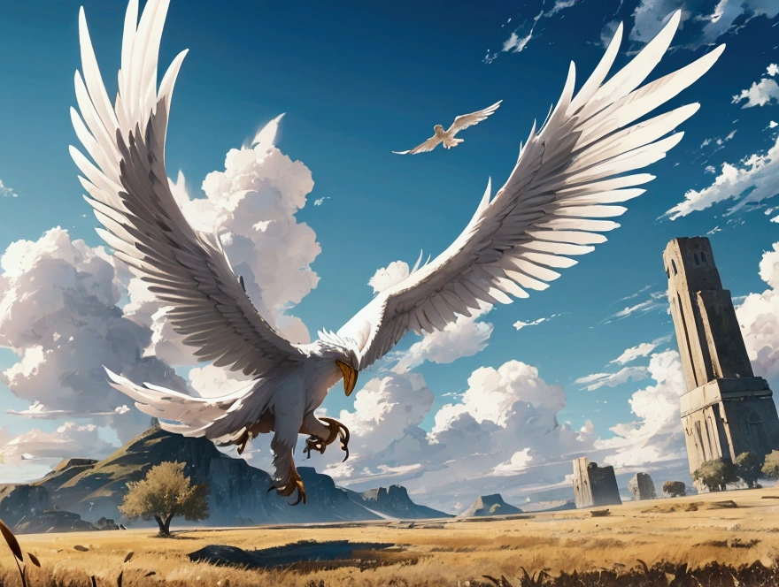 a big landscape with grasses and a very big white phoenix flying on the sky.