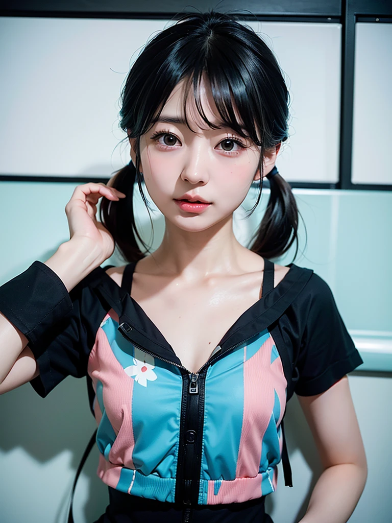 40-year-old Japanese woman、Black Hair、Hair is very short、Twin tails、Hatsune Miku Costume、Headphones、Flat Chest、Realistic photos、Realistic、8K quality、expensive、No bangs、Photo book cover、High resolution, Highest quality, Anatomically correct, Winner of numerous awards, Ultra high definition, 「Hatsune Ako」Character