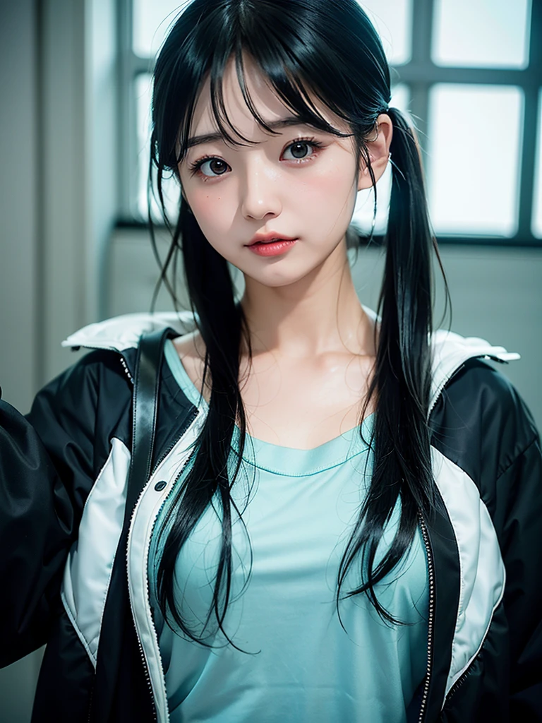 40-year-old Japanese woman、Black Hair、Hair is very short、Twin tails、Hatsune Miku Costume、Headphones、Flat Chest、Realistic photos、Realistic、8K quality、expensive、No bangs、Photo book cover、High resolution, Highest quality, Anatomically correct, Winner of numerous awards, Ultra high definition, 「Hatsune Ako」Character