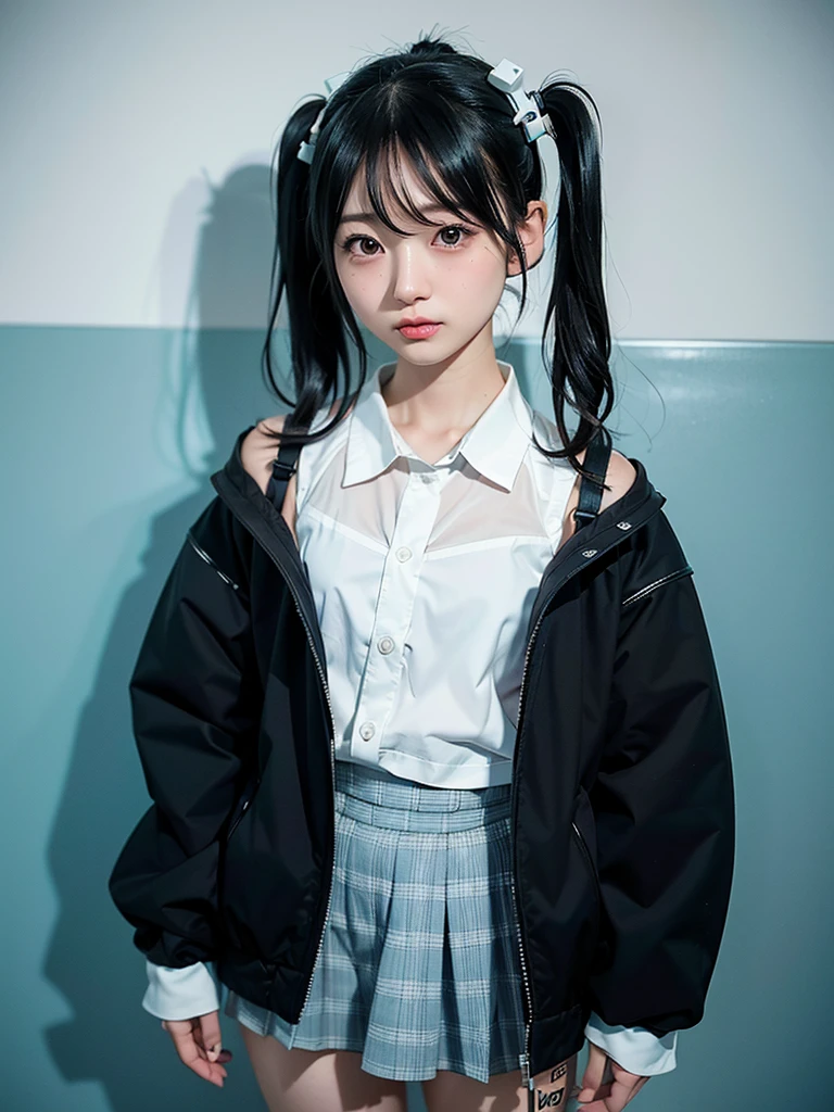 40-year-old Japanese woman、Black Hair、Hair is very short、Twin tails、Hatsune Miku Costume、Headphones、Flat Chest、Realistic photos、Realistic、8K quality、expensive、No bangs、Photo book cover、High resolution, Highest quality, Anatomically correct, Winner of numerous awards, Ultra high definition, 「Hatsune Ako」Character
