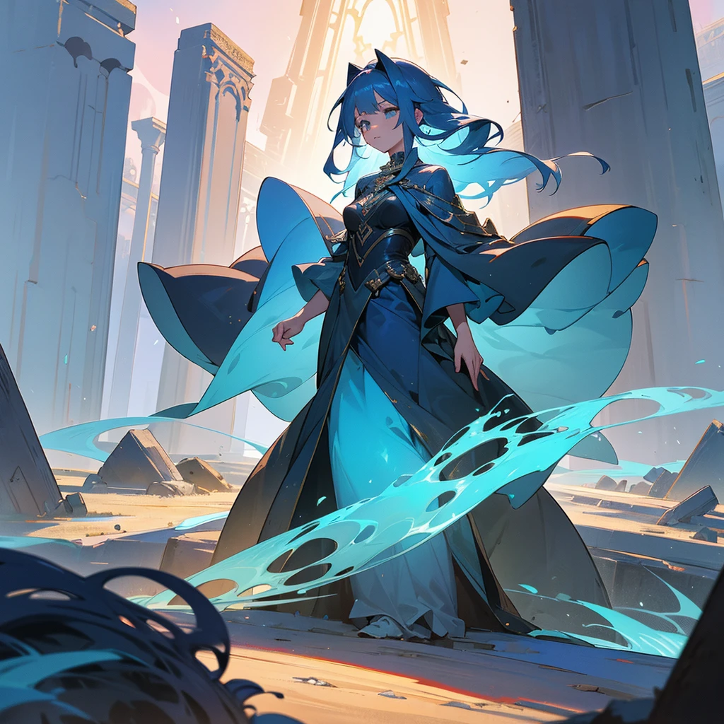 Imagine an animation set in a landscape of ancient ruins composed of minerals that shimmer with metallic blue hues. At the heart of this surreal landscape stands a beautiful girl, dressed in a gown that appears to be made of swirling metallic blue smoke, flowing and twisting around her like it has a life of its own. As the story unfolds, the mineral ruins reveal their mysteries, emitting faint glimmers of light that subtly illuminate the surroundings. The girl seems in harmony with the landscape, her enigmatic presence suggesting a deep and ancient connection between herself and the ruins.