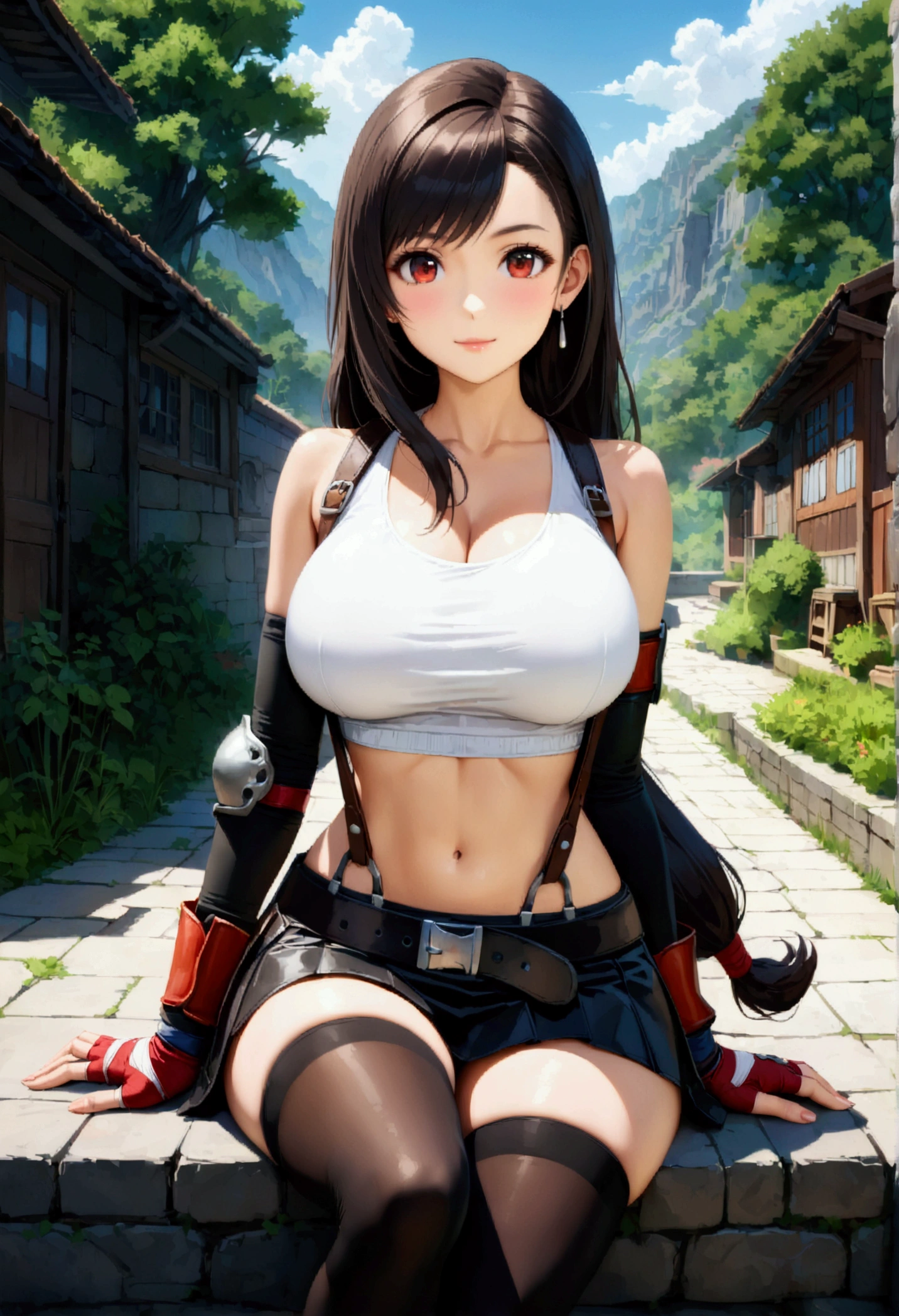score_9, score_8_up, score_7_up,(anime style) , front_view,(breast focus),sitting,straight-on,leg apart,,perfect composition,(mediumshot:1),looking_at_viewer ,1girl, tifa lockhart, final fantasy,(beautiful woman:1.2).make up, tareme,black hair, low-tied long hair, red eyes, bangs, white tank top,(short tank top:1.2), belt, pleated skirt, thighhighs, elbow fingerless gloves, elbow pads, midriff, navel,suspender skirt.zettai ryouiki ,(large_breasts:1.2),light smile,,slender_waist ,Solo,,(daytime and outdoors),(masterpeace),(best quality),(aesthetic,very aesthetic),(highly detailed),hdr,photorealistic:0.5,