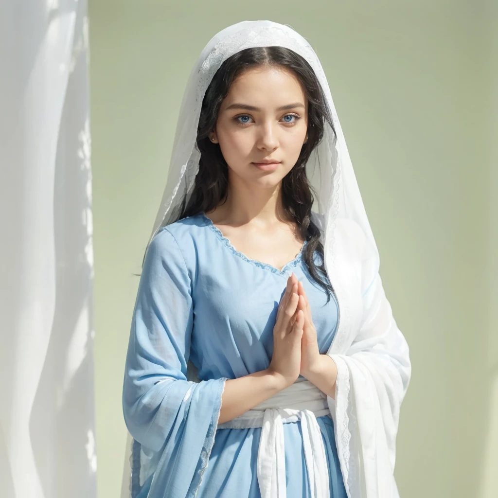 Beautiful woman with light blue eyes, curly black hair, wearing a blue tunic with wide, long sleeves adjusted at the waist by a white sash. Wear a thick white veil.