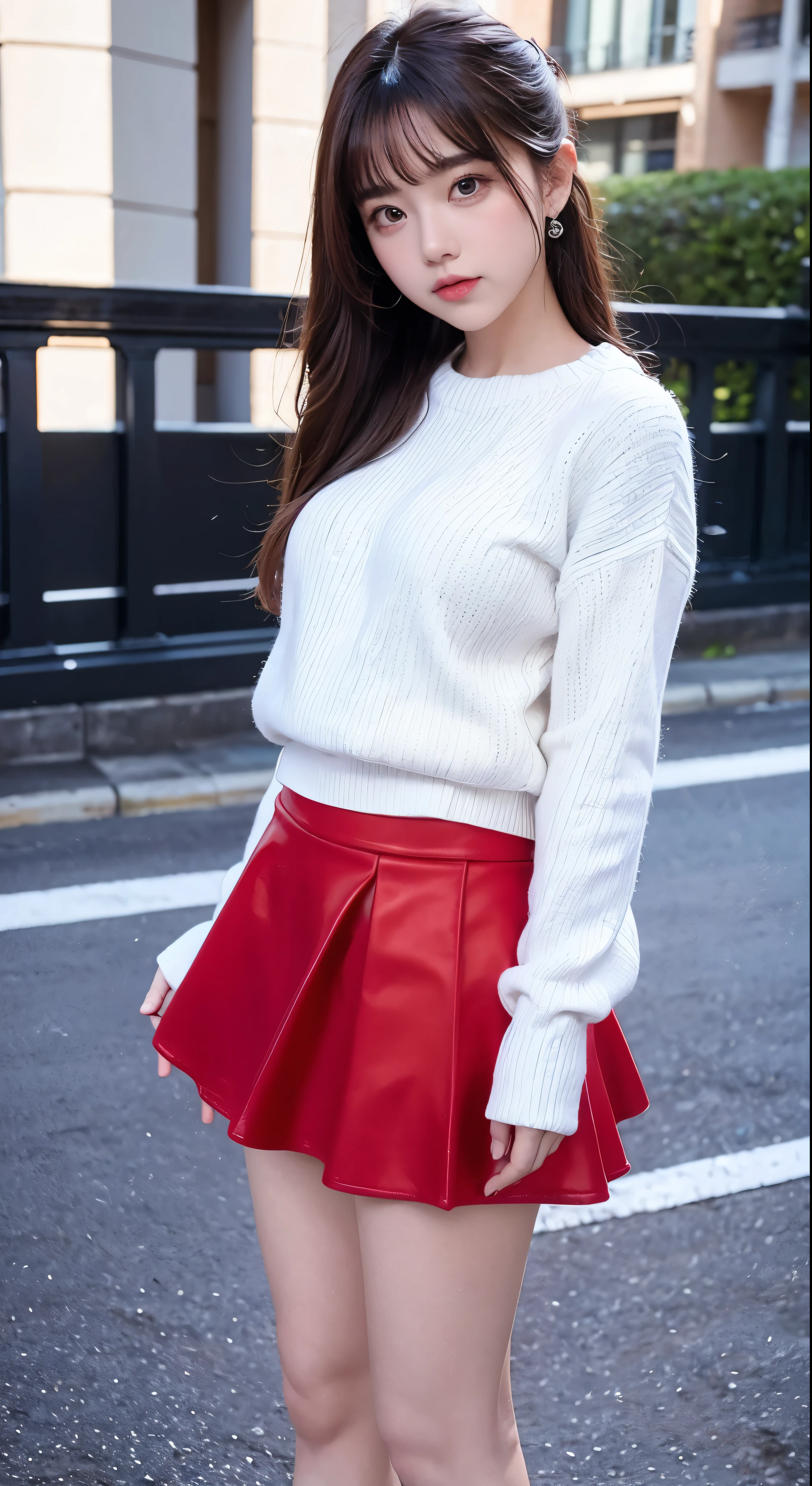 masterpiece, Highest quality, genny, hair band, White sweater, Red Skirt, sneakers, Are standing, Watching the viewer