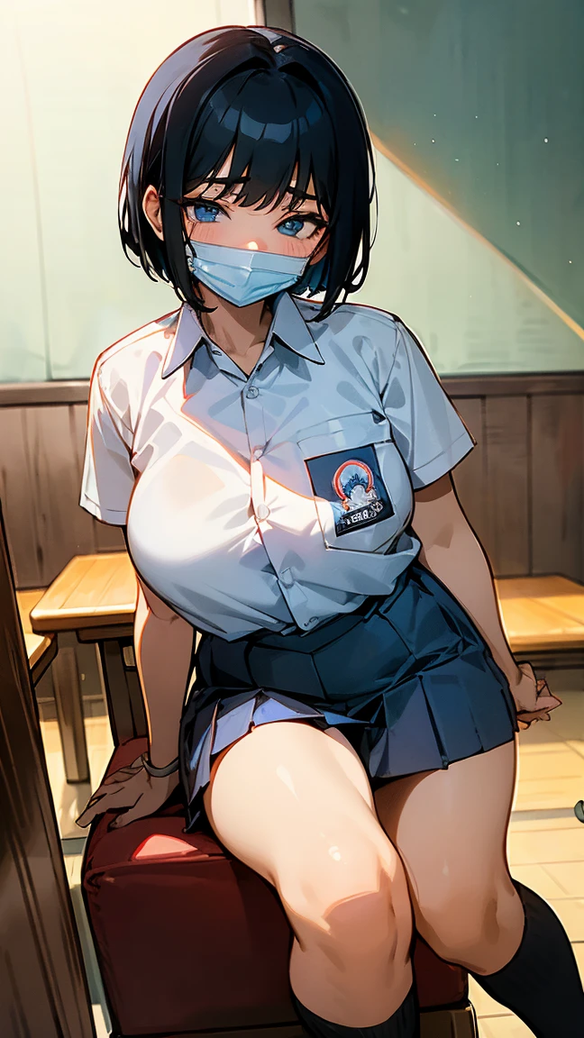 1 woman, , (Korean Wolf Cut haircut, black hair), scared face expression, plump body, blue eyes, Indonesian high-school uniform, (wearing transparent white shirt, showing bra), osis logo on shirt pocket, huge XL breasts, light-grey pleated skirt, sitting on a chair, seductive pose, full body shot, wear a mask, surgical mask fit his face, in the classroom,