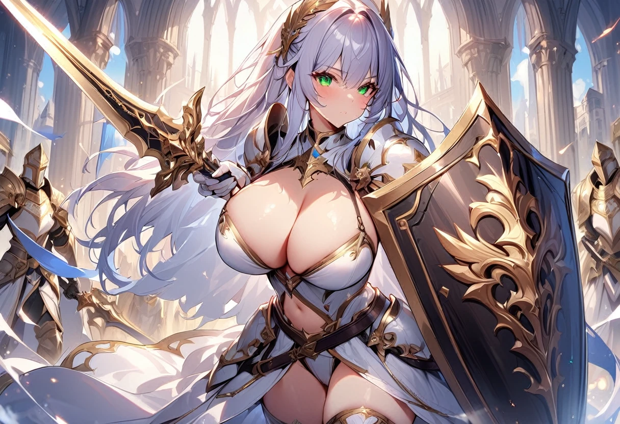 masterpiece,best quality, knight, long hair, silver hair, green eyes,((1girl)), (white_armor), golden ornaments, sword, shield, ((holding sword)), ((big breasts)), exposed belly, 1girl, cleavage, legs exposed, ((shield-over_arm)), ((Perfect face)),add_detail:1, add_detail:0, add_detail:0.5, ((Sword and shield))