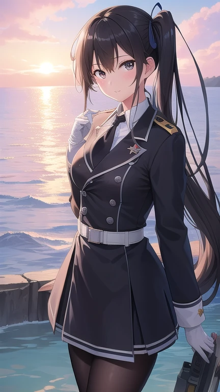 ((masterpiece)),(best quality),official art,extremely detailed CG,unity 8k wallpaper,ultra detailed,A lighthouse on a cliff by the sea,1girl,solo,cowboy shot,nachi (kantai collection),black belt,collar,black hair,black neckwear,black skirt,purple jacket,brown eyes,high heel boots,absurdly long hair,long sleeves,looking at viewer,medium breasts,pencil_skirt,white pantyhose,side ponytail,military uniform,white gloves,