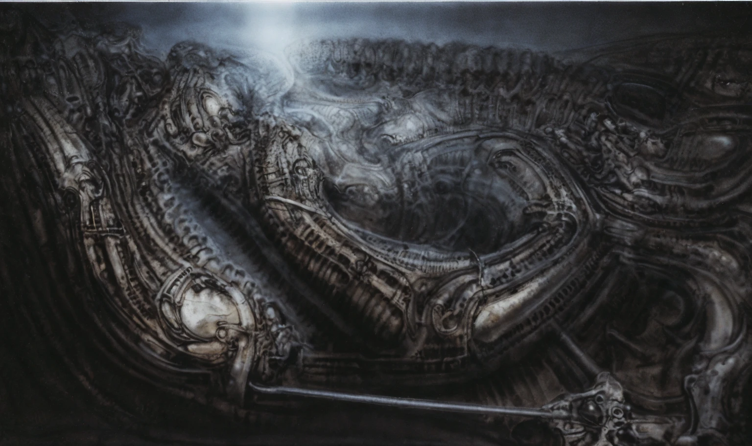 xgiger, The image is a detailed view of H.R. Giger's biomechanical tableau \" LANDSCAPE No 312 \" plate, featuring
a complex, intricate, and detailed design of endless Machine in the transit space over the cascade of fallen water, that appears to be a fusion of organic and mechanical elements, with a focus on the interplay between the two.The piece is a tableau, most likely created with a India ink pen or pencil on paper, determined by the thin lines, shading techniques, and the texture of the paper, which is visible around the edges.
Used is pen, given the shading and variations in line weight visible in the image. Artist have used a variety of stylus with different degrees of hardness to achieve the shading effects.
 The use of undersaturated green-grays dark contrasts creates a stark and graphic look. Is used a variety of linework techniques to create different textures. Fine, parallel lines create a smooth, metallic texture,while thicker, more cursive lines suggest cables or wires.
Light source from the top highlights skeletals, pper part of foreground, lower part of image is in shadowupper part of foreground, lower part of image is in shadow.
The art performance showcases the artist’s skills in observation and rendering. The level of detail in the piece suggests a close study of real bone specimens and mechanics. The artist has skillfully used shading techniques to create a convincing illusion of three-dimensionality on a flat surface. The wrinkles and cracks in the surface, and the cast shadows with accuracy, used shading techniques to create a realistic depiction of light and shadow on the objects. This creates a sense of depth and dimension in the image. The artist has used careful linework to depict the contours and textures in the piece
Sharp focus on foreground elements illustration. Deep and delicate DOF. Big painting. Stored in Louvre masterpiece, ooze soaked pajama top
