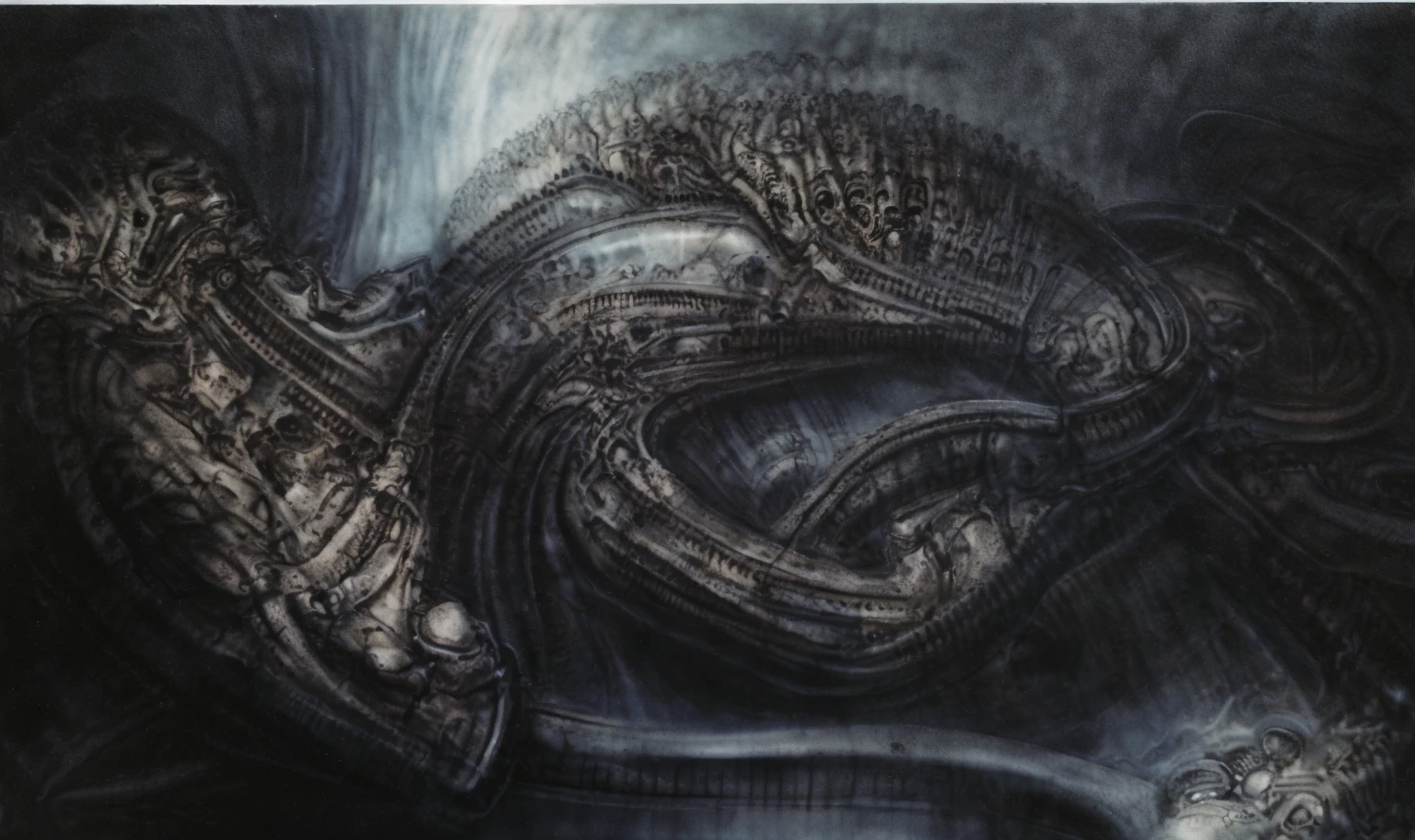 xgiger, The image is a detailed view of H.R. Giger's biomechanical tableau \" LANDSCAPE No 312 \" plate, featuring
a complex, intricate, and detailed design of endless Machine in the transit space over the cascade of fallen water, that appears to be a fusion of organic and mechanical elements, with a focus on the interplay between the two.The piece is a tableau, most likely created with a India ink pen or pencil on paper, determined by the thin lines, shading techniques, and the texture of the paper, which is visible around the edges.
Used is pen, given the shading and variations in line weight visible in the image. Artist have used a variety of stylus with different degrees of hardness to achieve the shading effects.
The use of undersaturated green-grays dark contrasts creates a stark and graphic look. Is used a variety of linework techniques to create different textures. Fine, parallel lines create a smooth, metallic texture,while thicker, more cursive lines suggest cables or wires.
Light source from the top highlights skeletals, pper part of foreground, lower part of image is in shadowupper part of foreground, lower part of image is in shadow.
The art performance showcases the artist’s skills in observation and rendering. The level of detail in the piece suggests a close study of real bone specimens and mechanics. The artist has skillfully used shading techniques to create a convincing illusion of three-dimensionality on a flat surface. The wrinkles and cracks in the surface, and the cast shadows with accuracy, used shading techniques to create a realistic depiction of light and shadow on the objects. This creates a sense of depth and dimension in the image. The artist has used careful linework to depict the contours and textures in the piece
Sharp focus on foreground elements illustration. Deep and delicate DOF. Big painting. Stored in Louvre masterpiece, ooze soaked pajama top