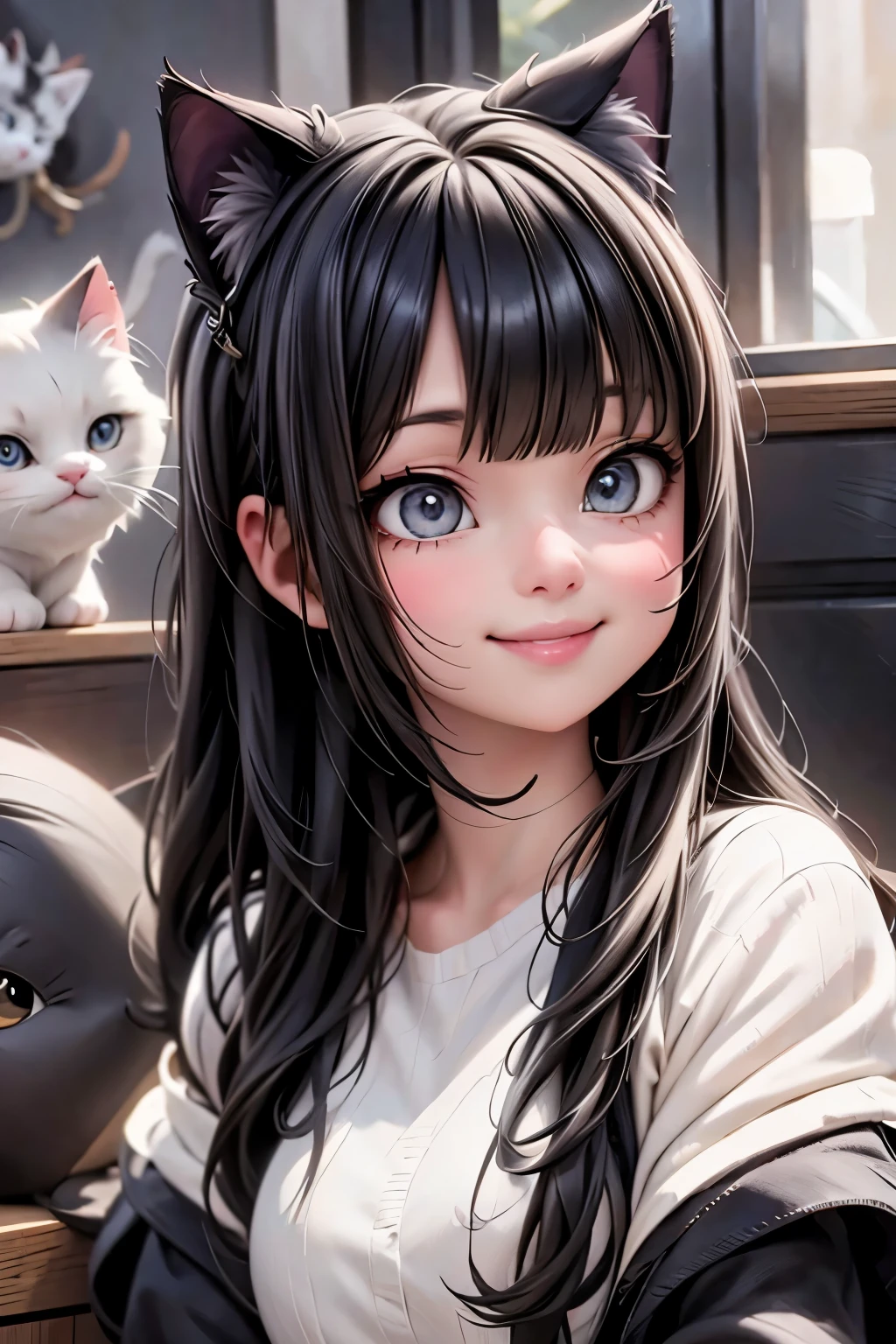a giant cat girl smiling