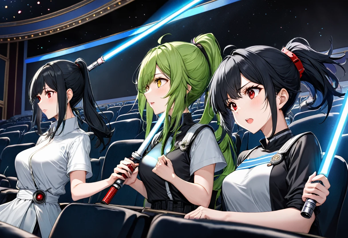 (Fighting with lightsabers style), (two girls hand holding a lightssabers), (a ponytail green hair long hair medium tits cute yellow eyes girl), and, (a straight black hair long hair big tits sadist red eyes girl), break, in the Legend of the Galactic Heroes onto movie theatre, BREAK, perfect ???????, masterpiece, best quality, 16k, beautiful detailed Cinema Screen, daydreaming expression.