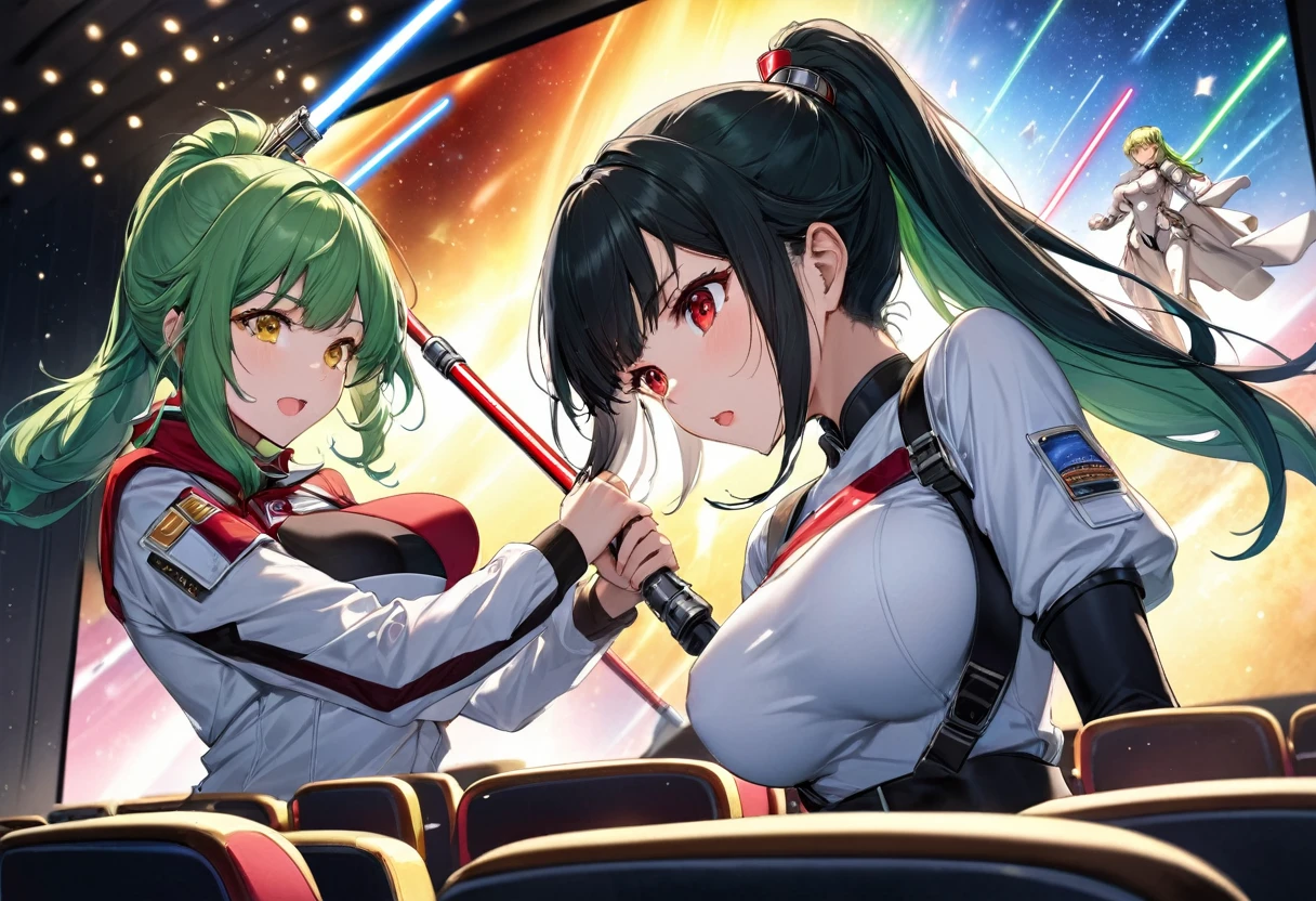 (Fighting with lightsabers style), (two girls hand holding a lightssabers), (a ponytail green hair long hair medium tits cute yellow eyes girl), and, (a straight black hair long hair big tits sadist red eyes girl), break, in the Legend of the Galactic Heroes onto movie theatre, BREAK, perfect anatomy, masterpiece, best quality, 16k, beautiful detailed Cinema Screen, daydreaming expression.